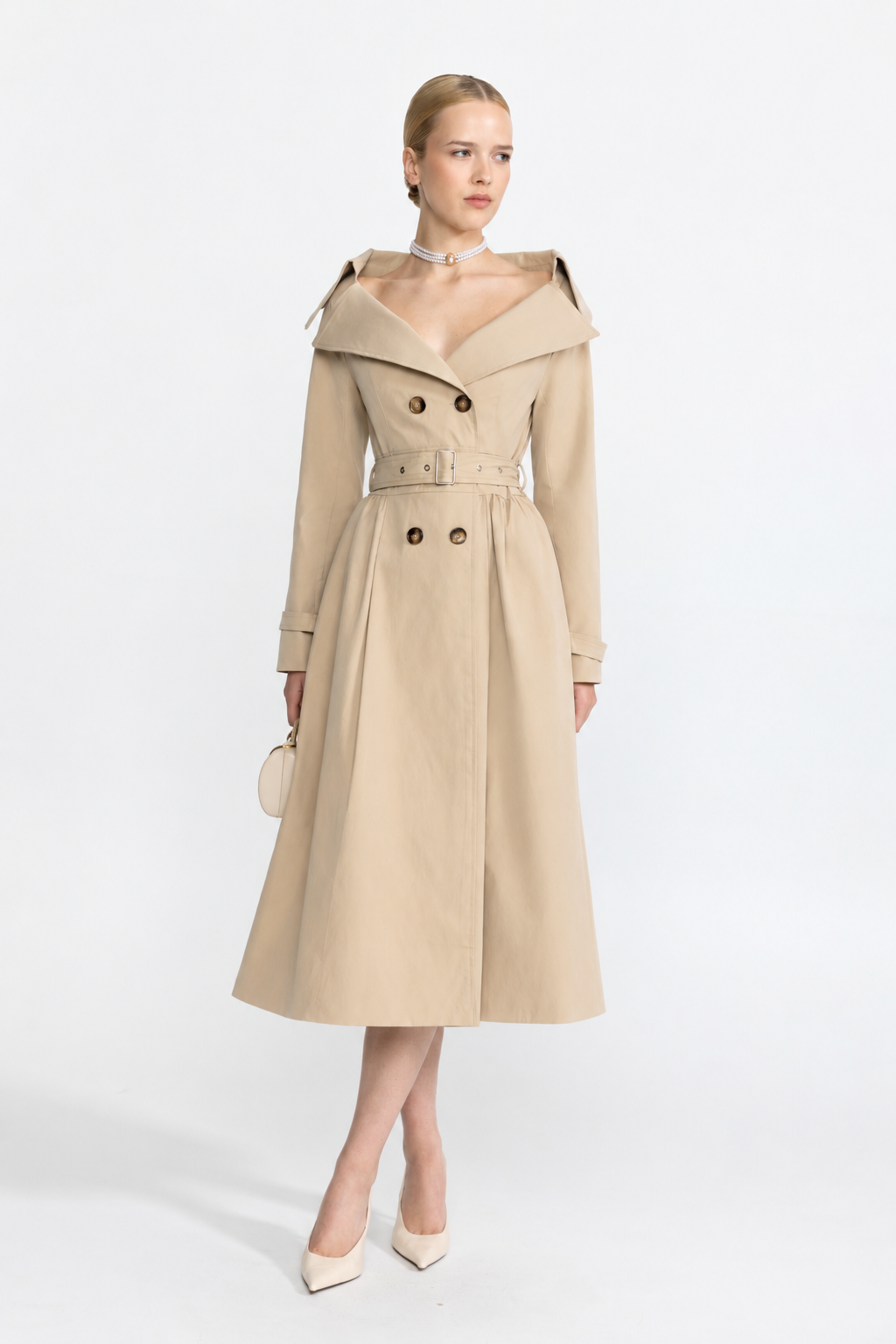 Robe trench ceinturée à col épaules dénudées - Beige
