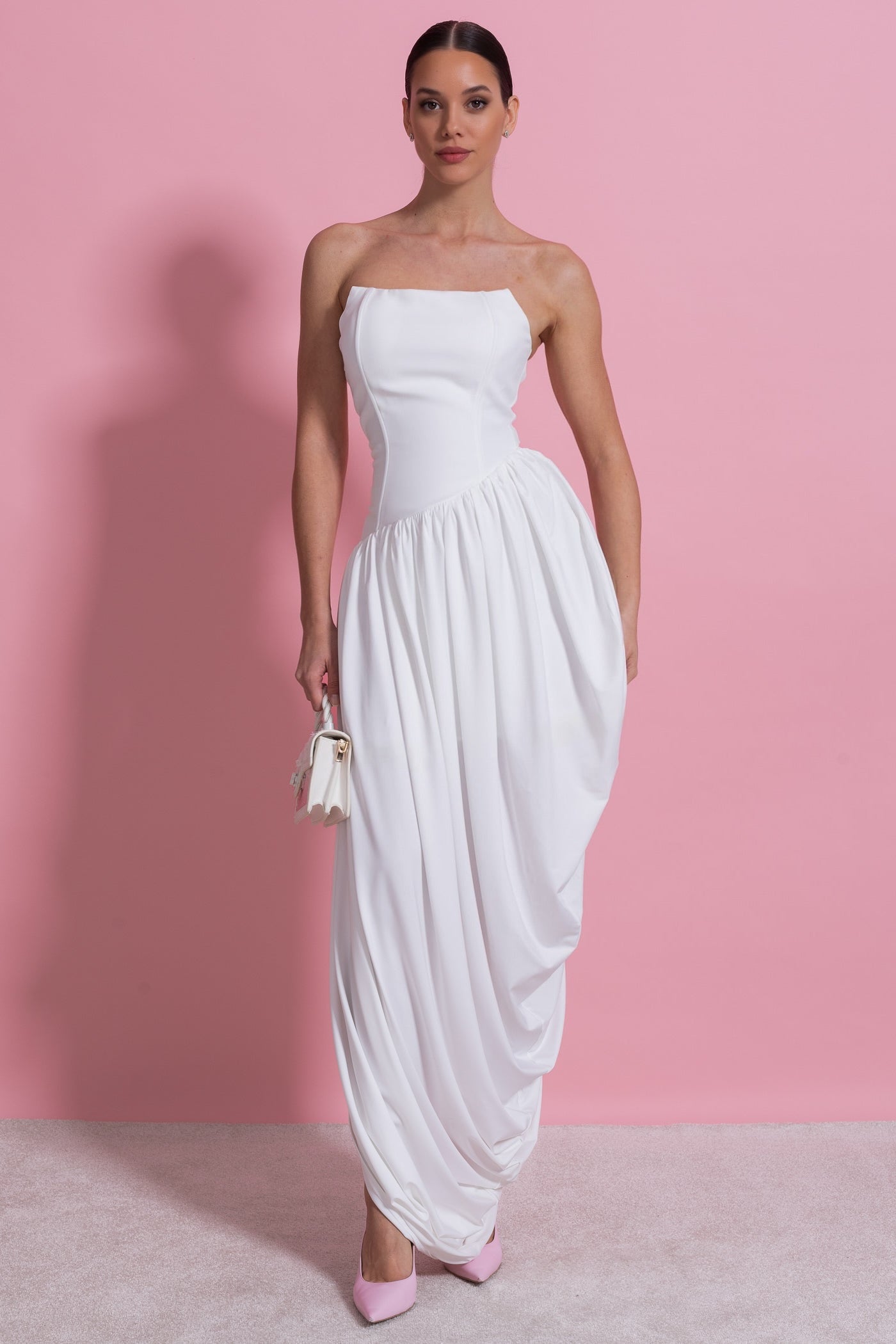 Robe longue bustier avec jupe drapée asymétrique - Blanc