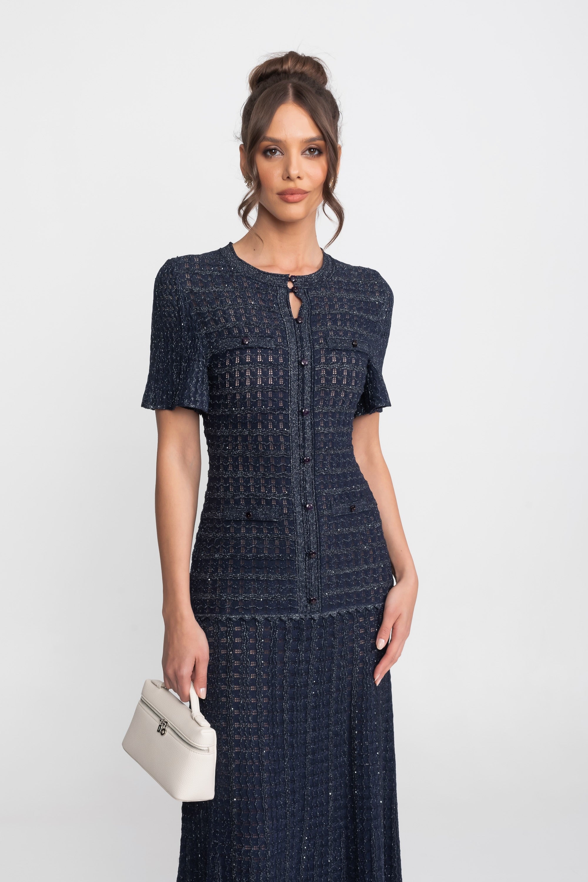 Robe Midi à Manches Courtes avec Texture Tricotée Scintillante - Navy
