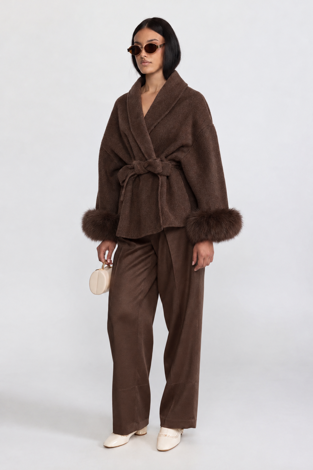 Wool Blend Wrap Jacket with Fox Fur Cuffs - Brown