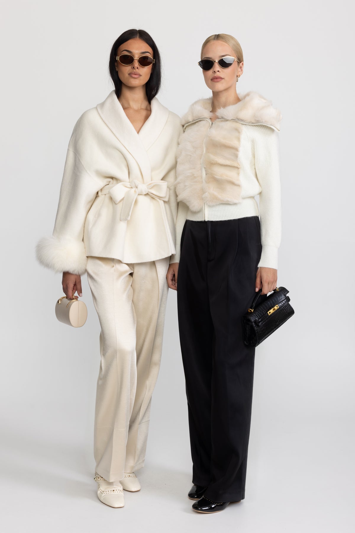 Cardigan zippé en maille à empiècement en fourrure de lapin - Ivoire