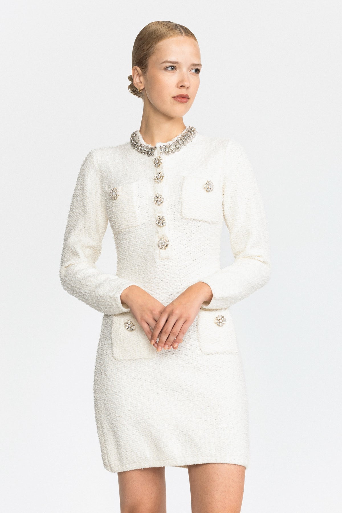 Robe mini en maille bouclée à col orné de cristaux - Blanc