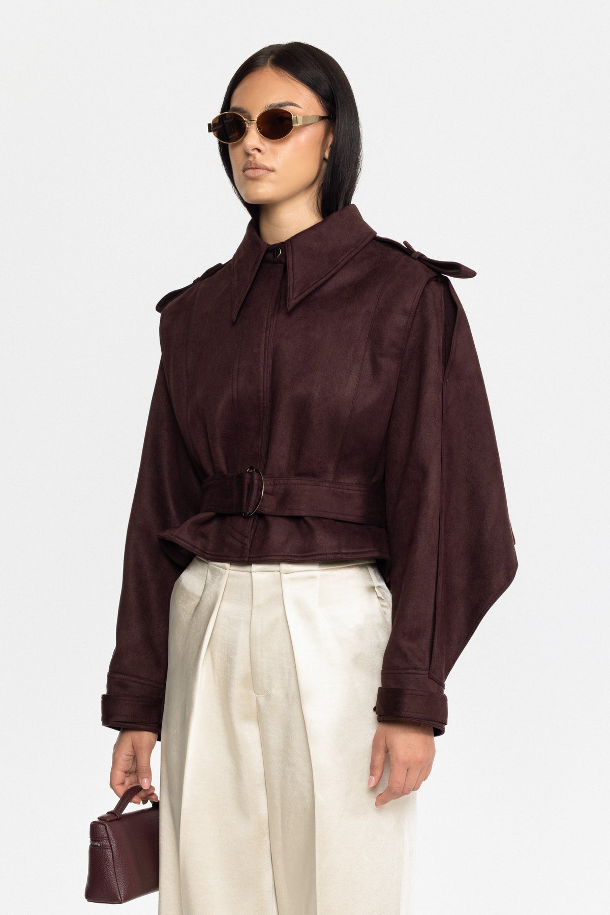 Cape-jacket en daim ceinturée - bordeaux