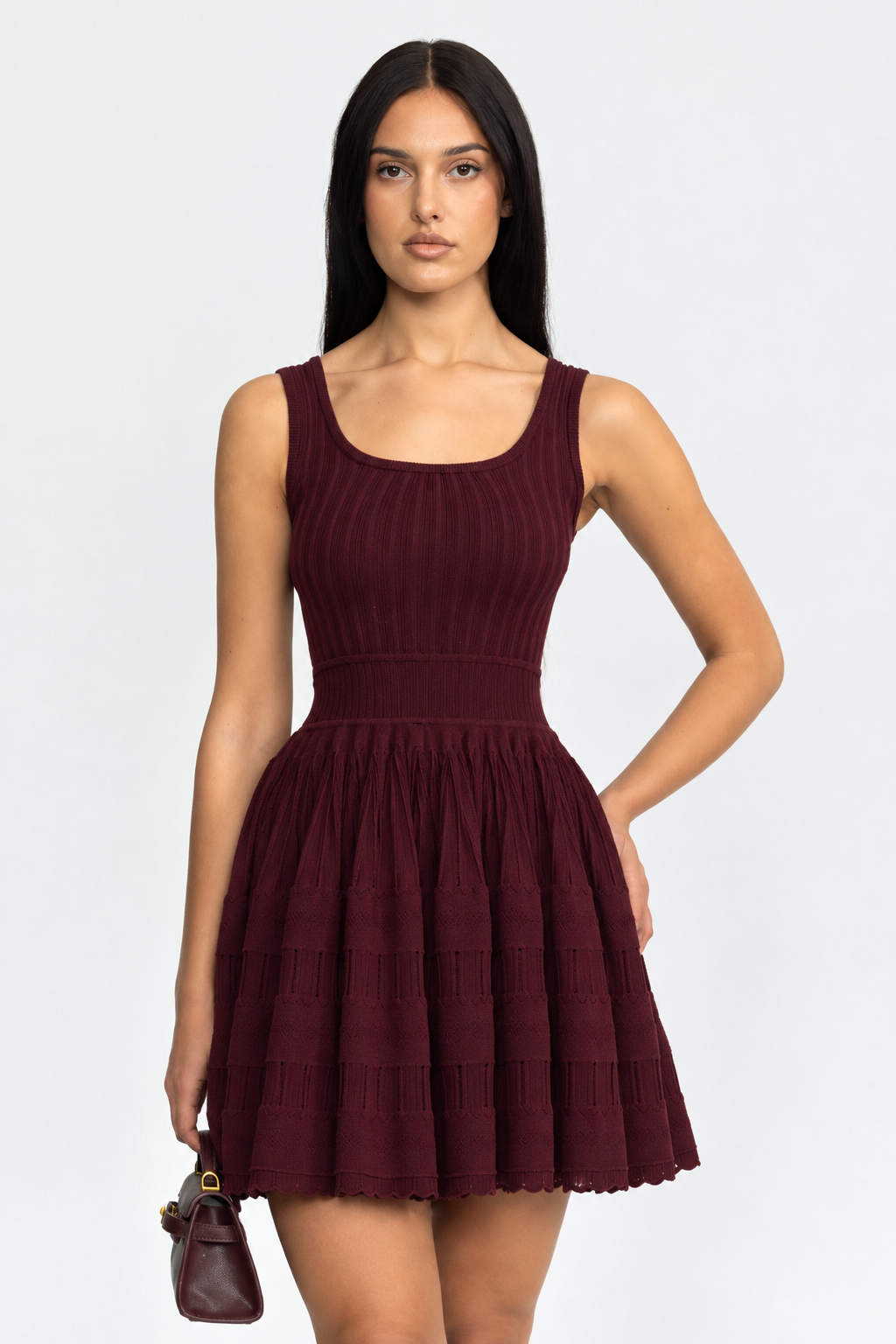 Robe mini patineuse en maille pointelle - bordeaux