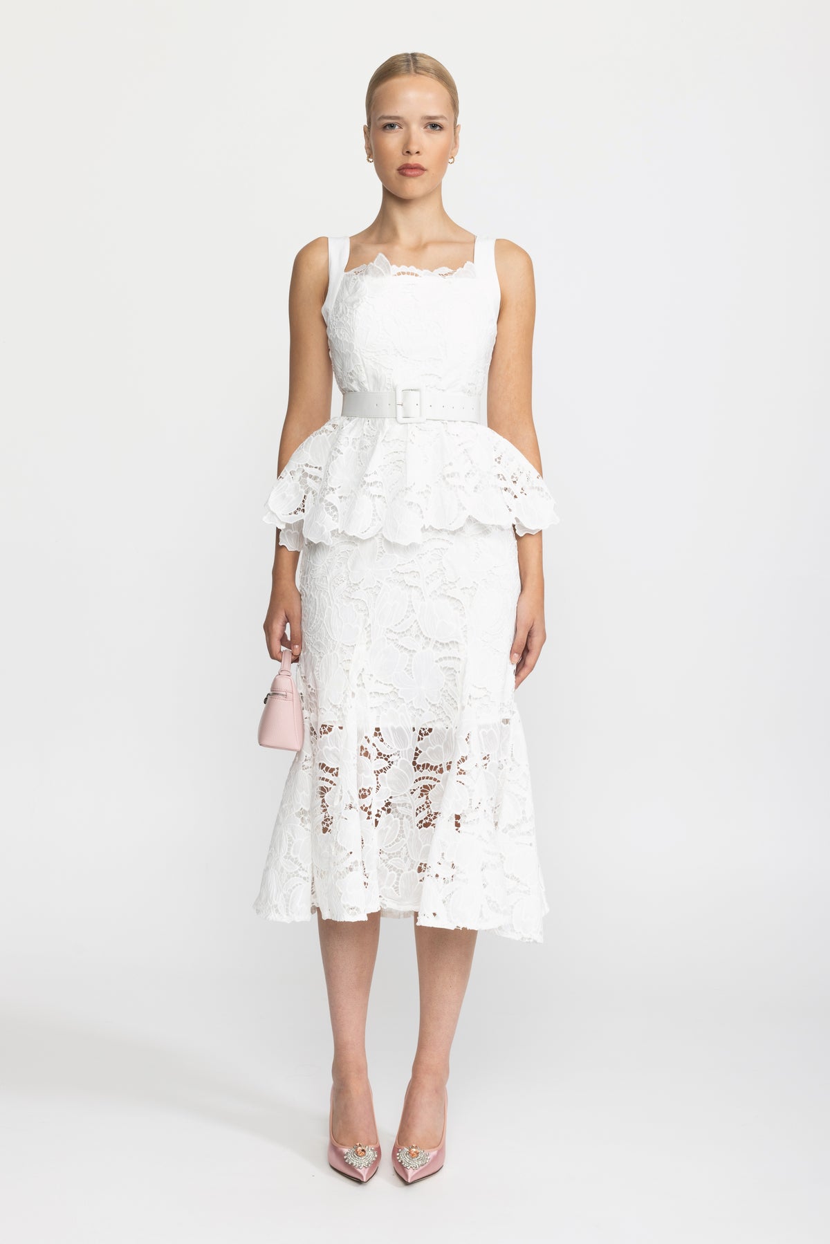 Robe midi à basque en guipure - blanc