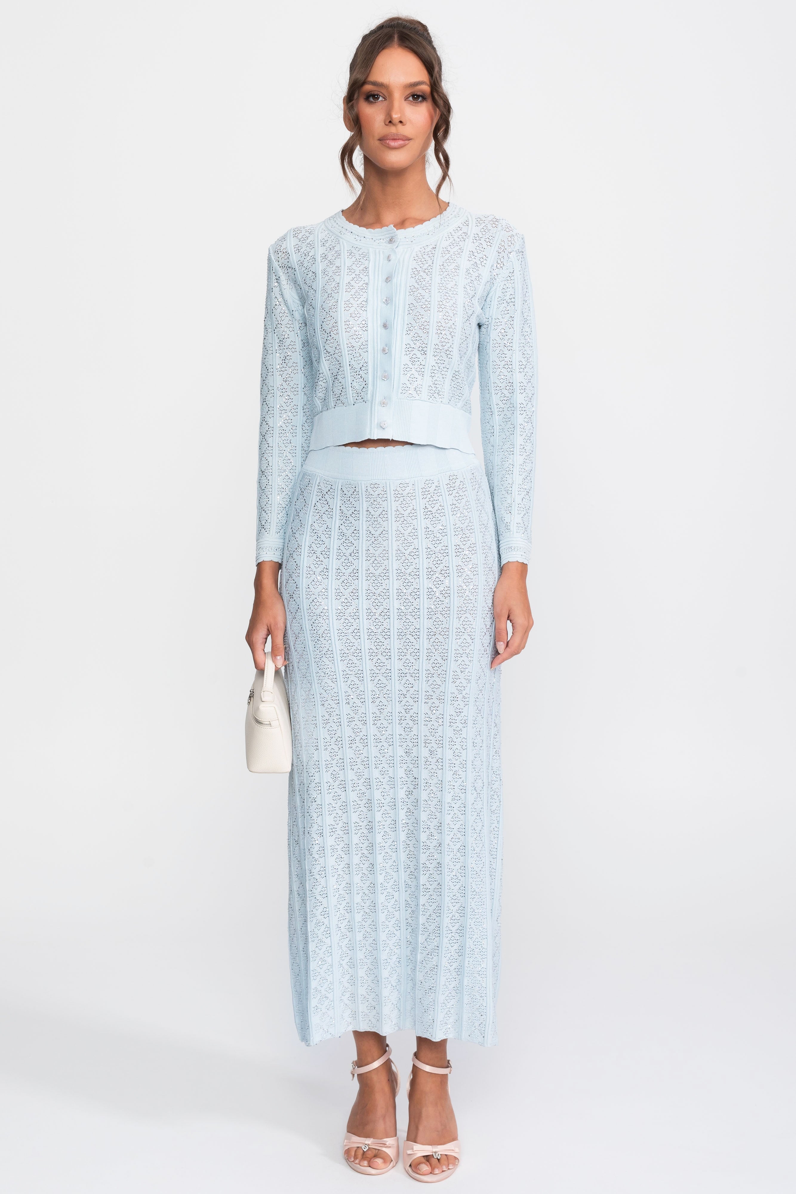 Ensemble coordonné en maille ajourée avec cardigan et jupe longue - Bleu clair