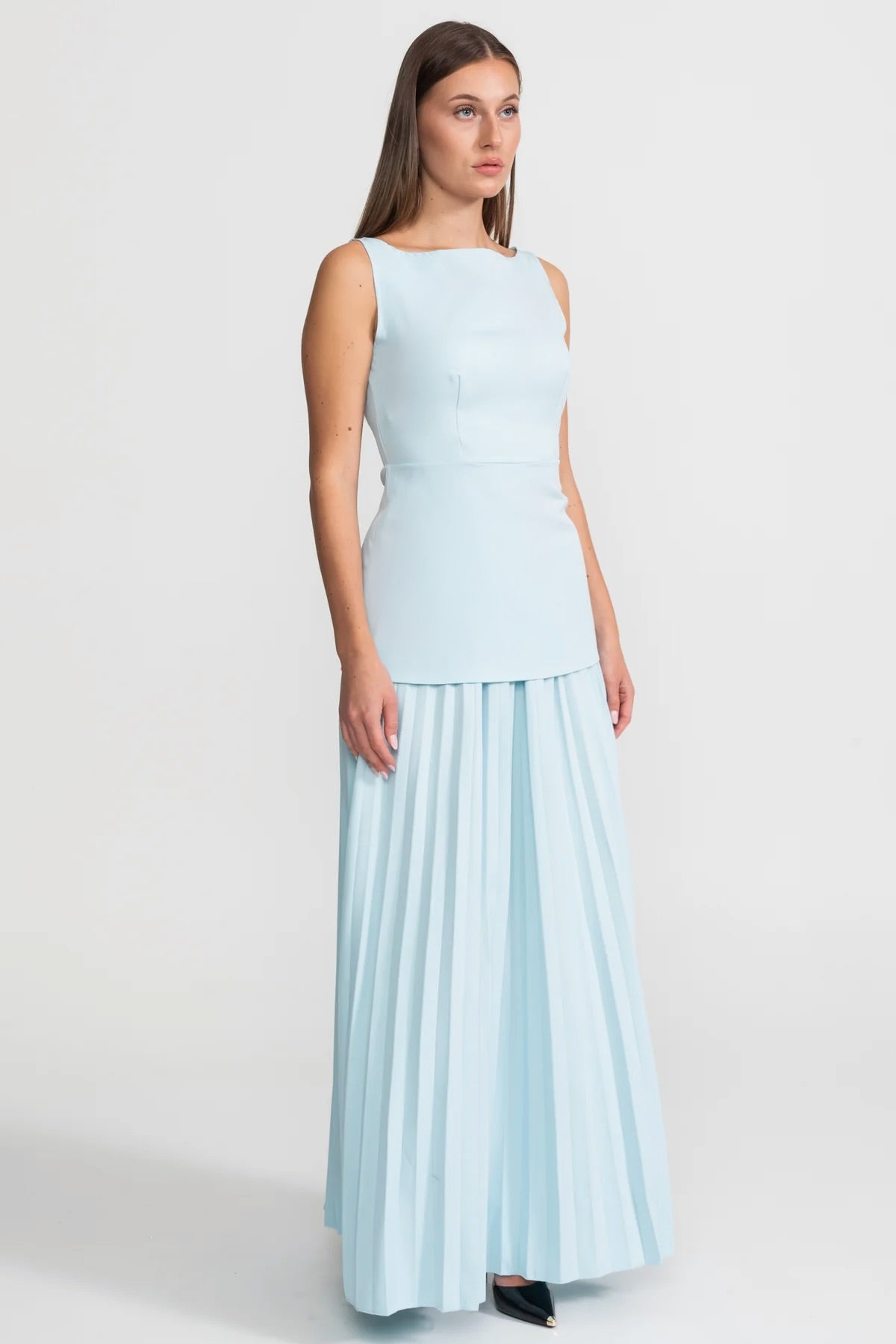 Ensemble Maxi Sans Manches Avec Corsage Tailleur Et Jupe Plissée - Bleu