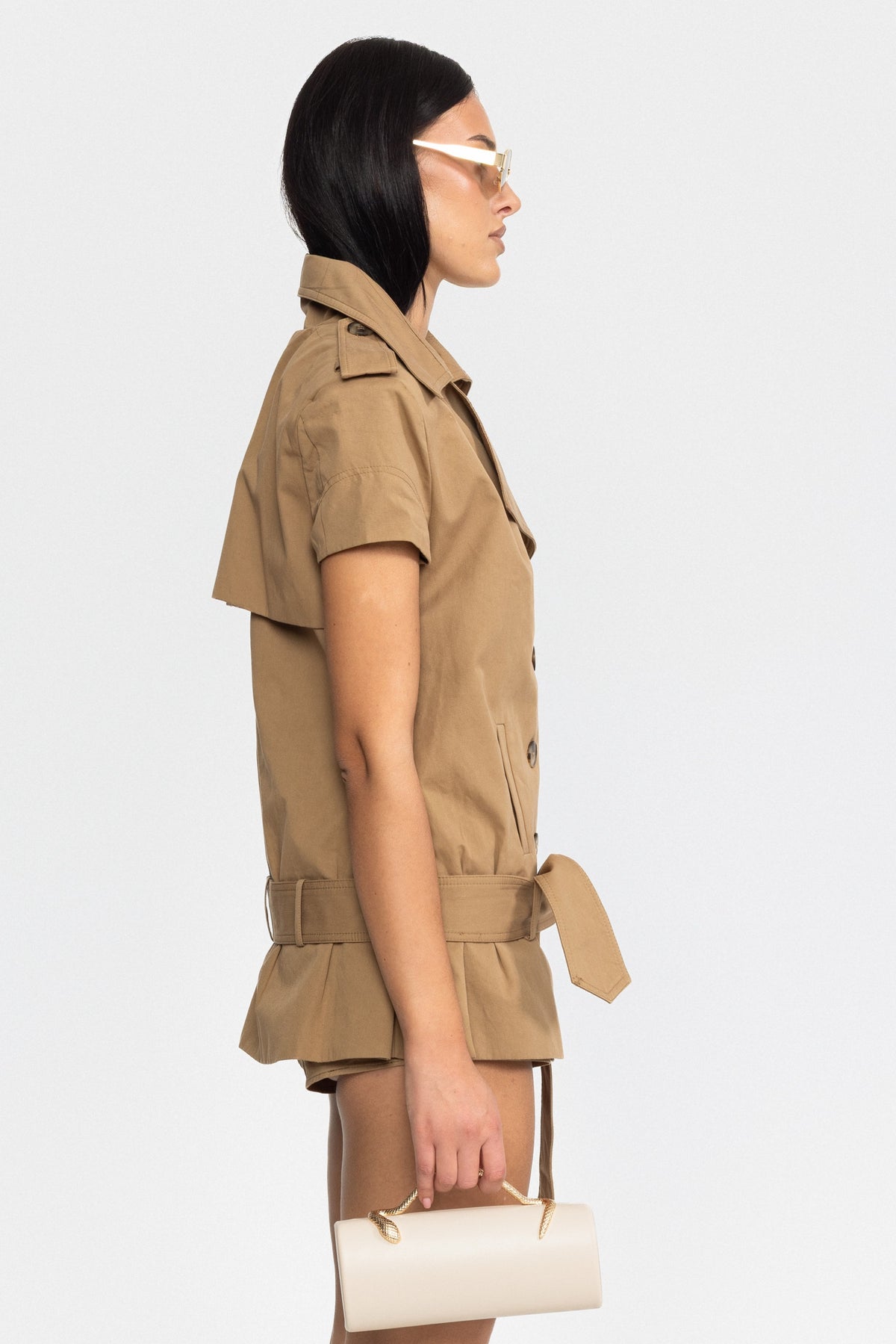 Ensemble top trench ceinturé et mini-short - Kaki