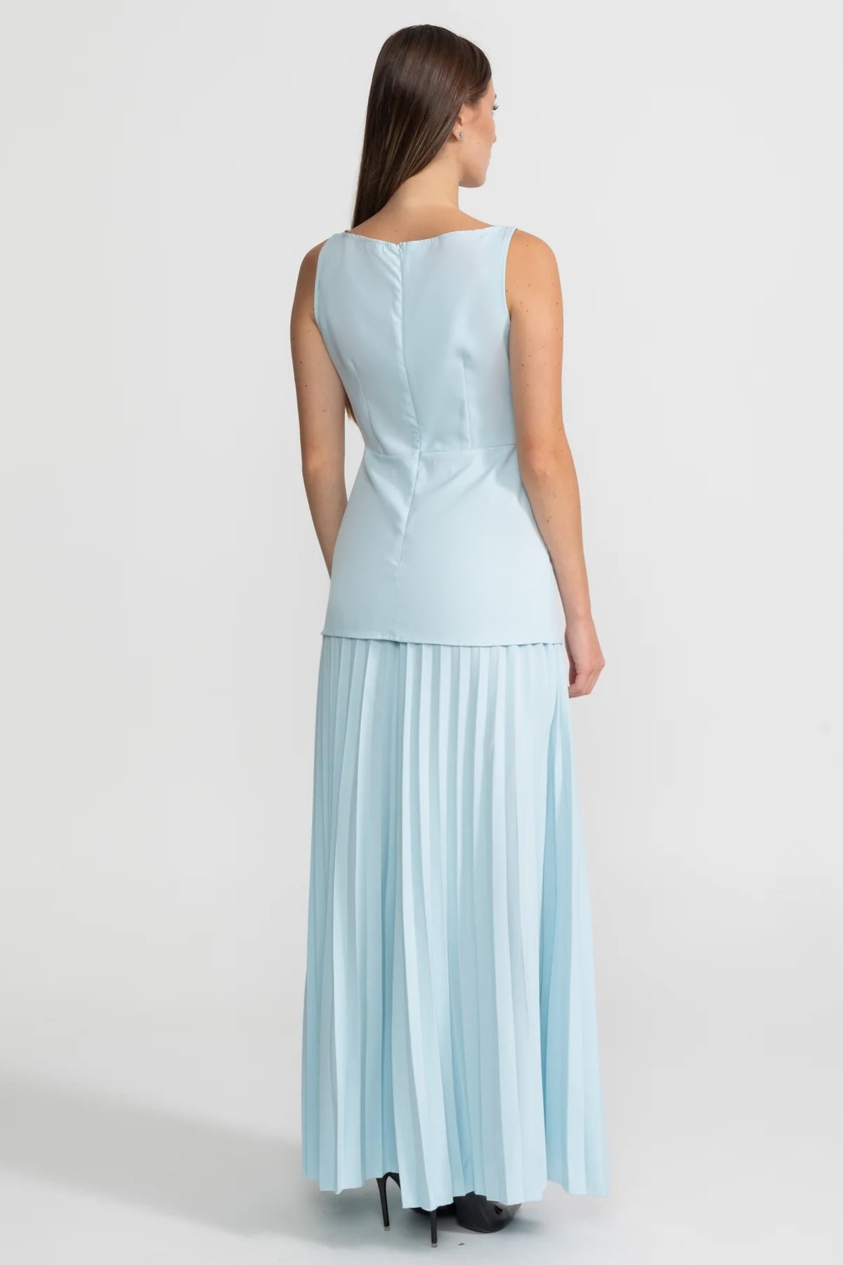Ensemble Maxi Sans Manches Avec Corsage Tailleur Et Jupe Plissée - Bleu