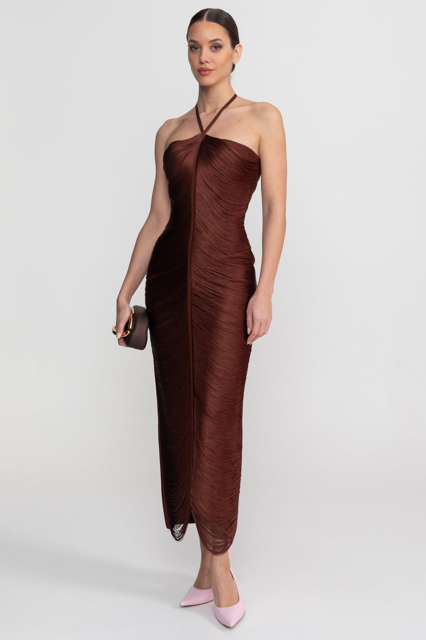 Halter Neck Midi Dress With All-Over Pleated Texture - Brown