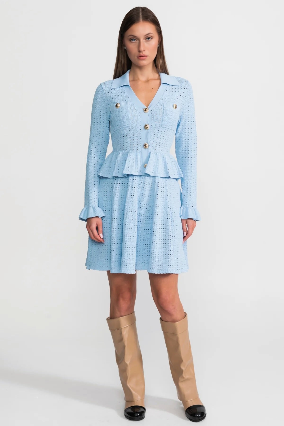 Robe Mini en Maille avec Taille Peplum et Détail Boutons Dorés - Light Blue