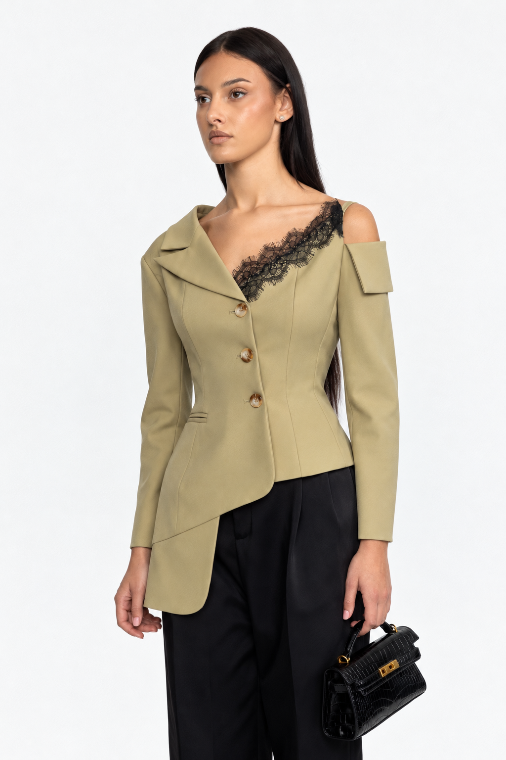 Asymmetric Cold-Shoulder Lace Trim Blazer - Khaki