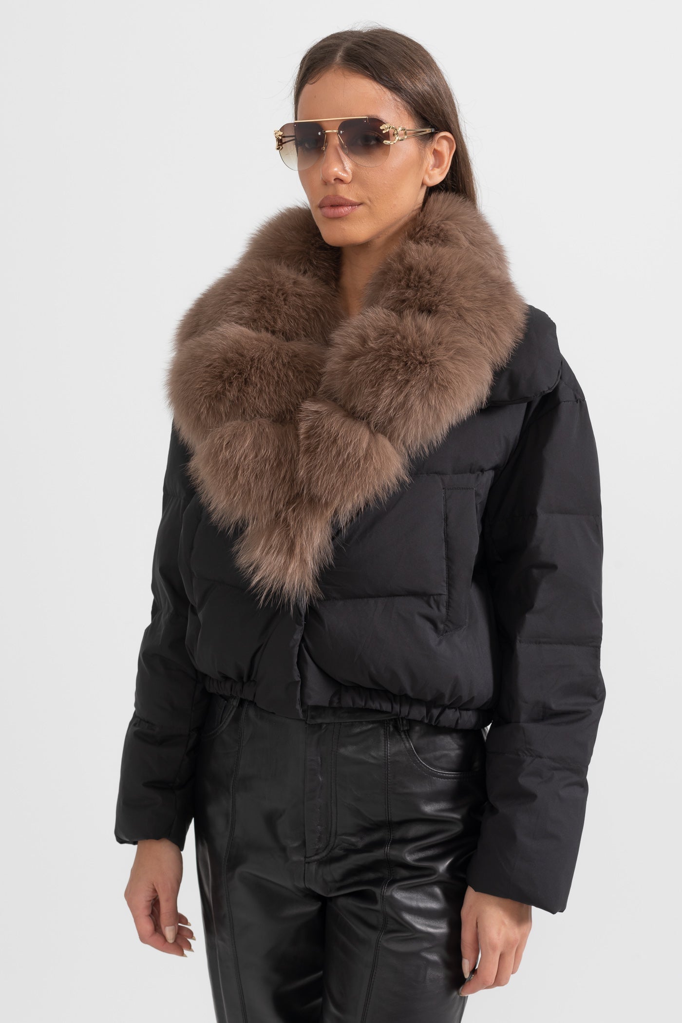 Doudoune avec capuche doublée en renard brun - Noir