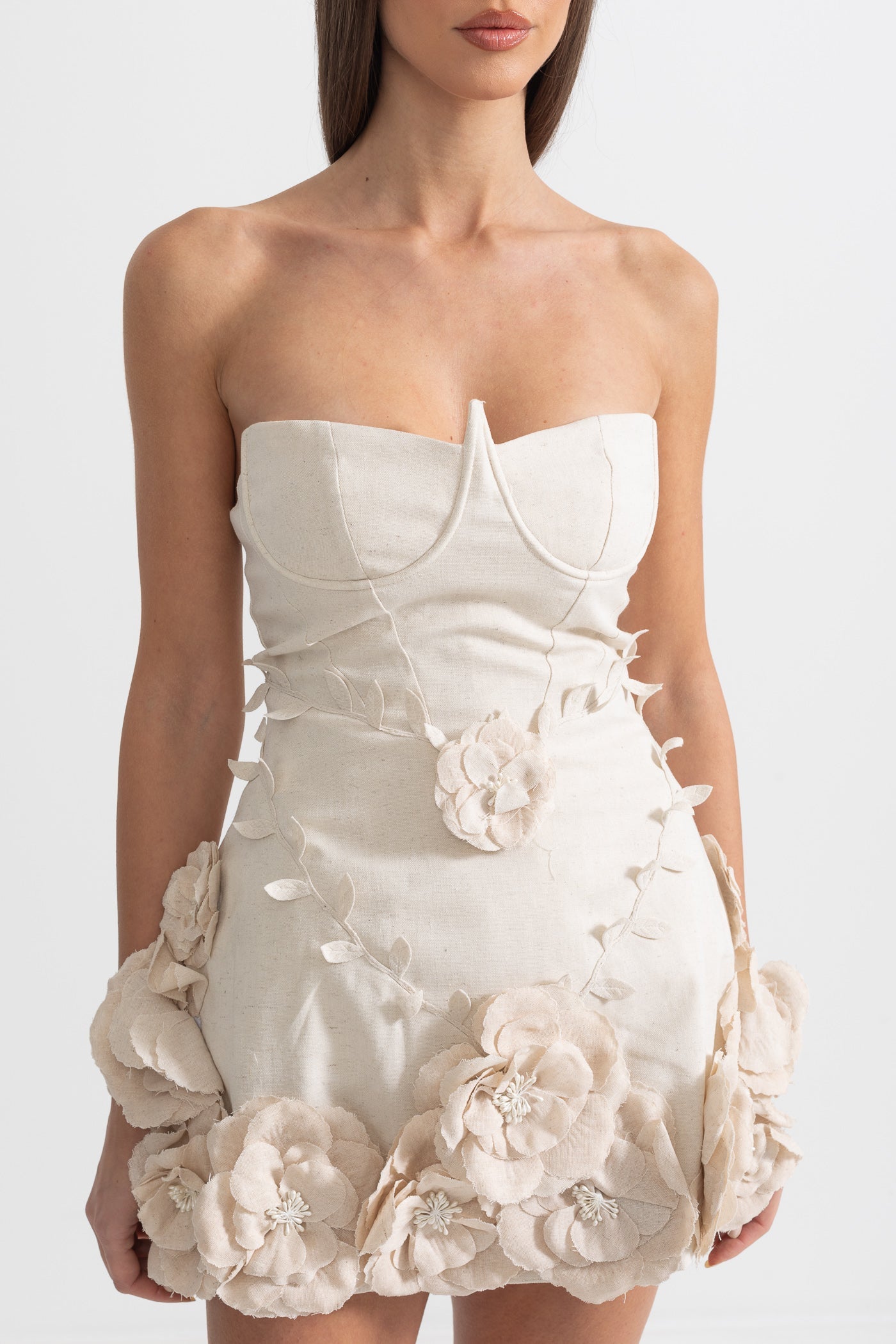 Robe Bustier avec Appliqués Floraux 3D - Ivoire