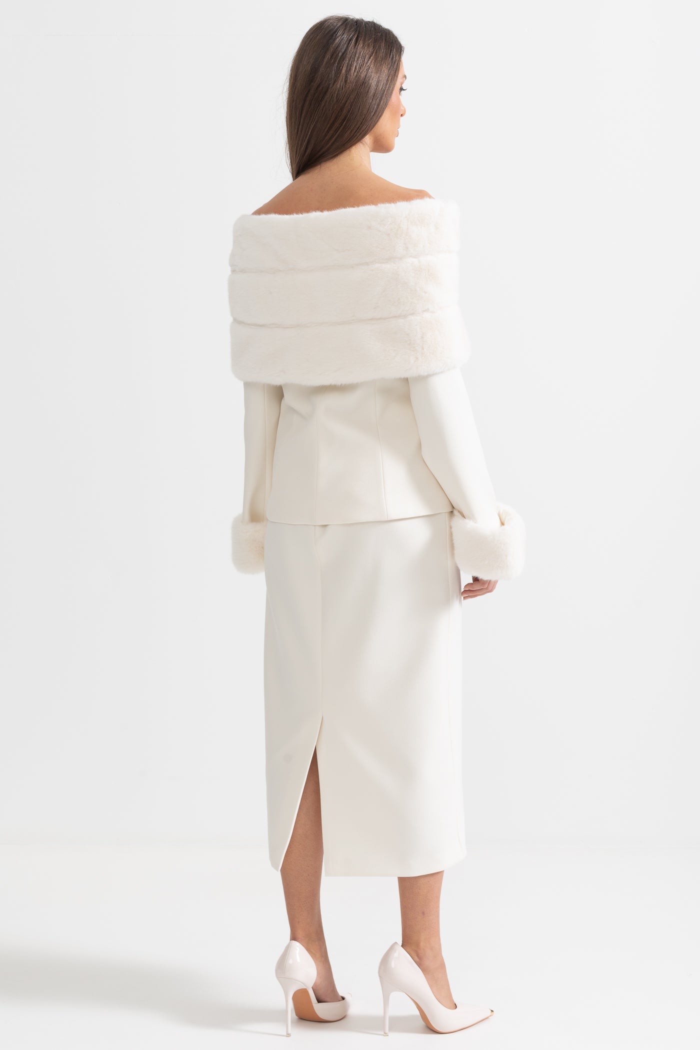 Two-Piece Ensemble With Faux Fur Shawl, Cuffs And Midi Skirt - White