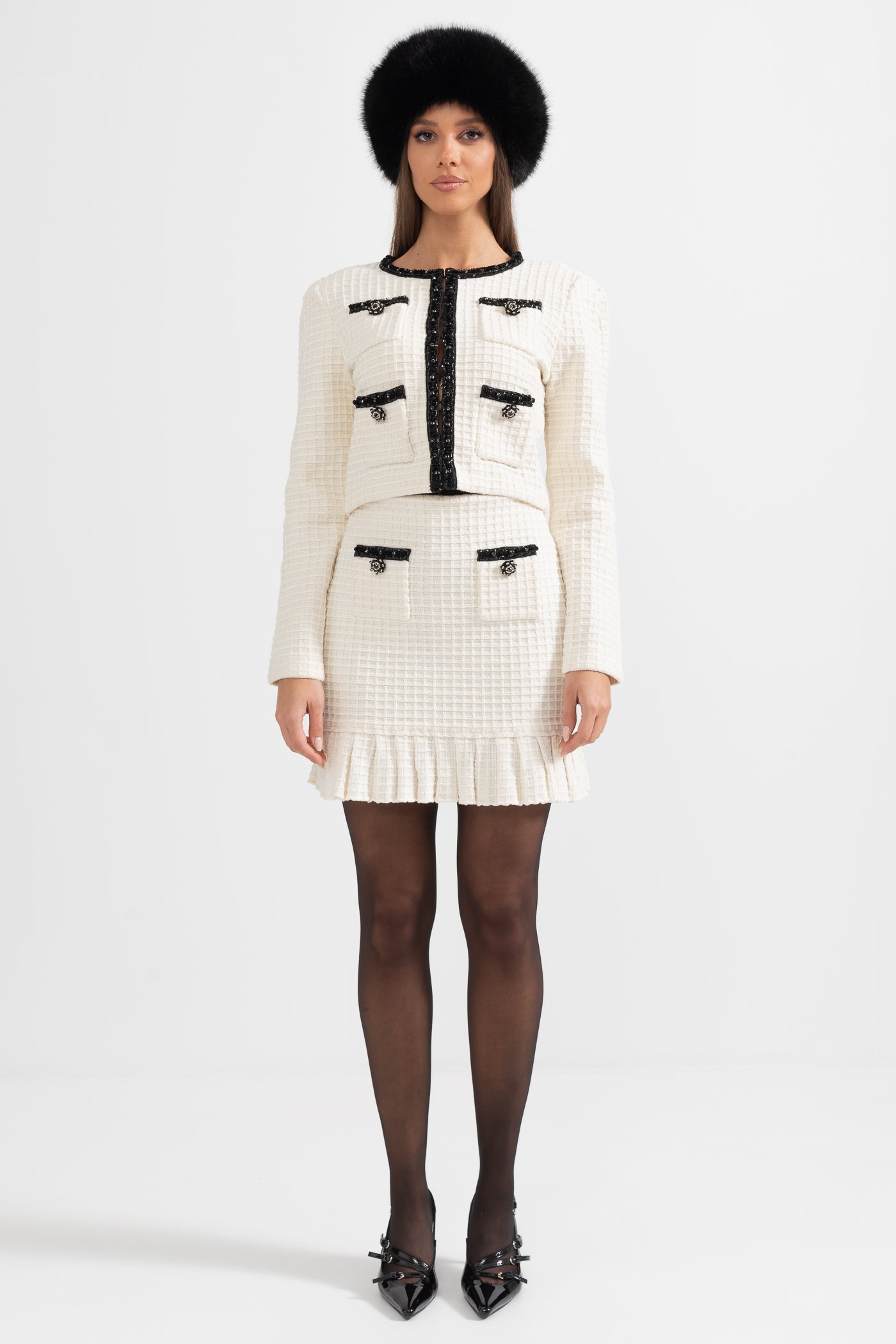 Ensemble Co-Ord en Tweed avec Détails Noirs - Ivoire