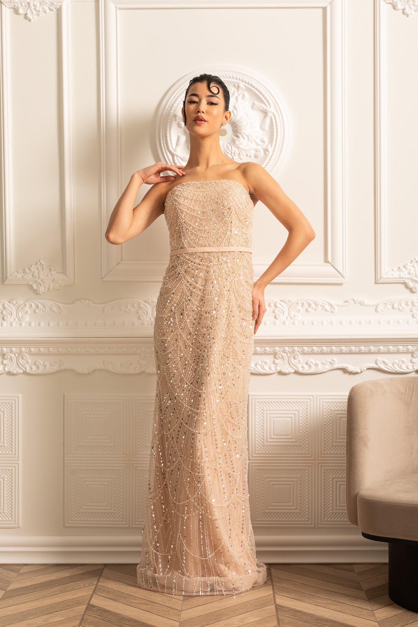 Robe Glamour Ornée de Perles avec Voile Détachable - Beige