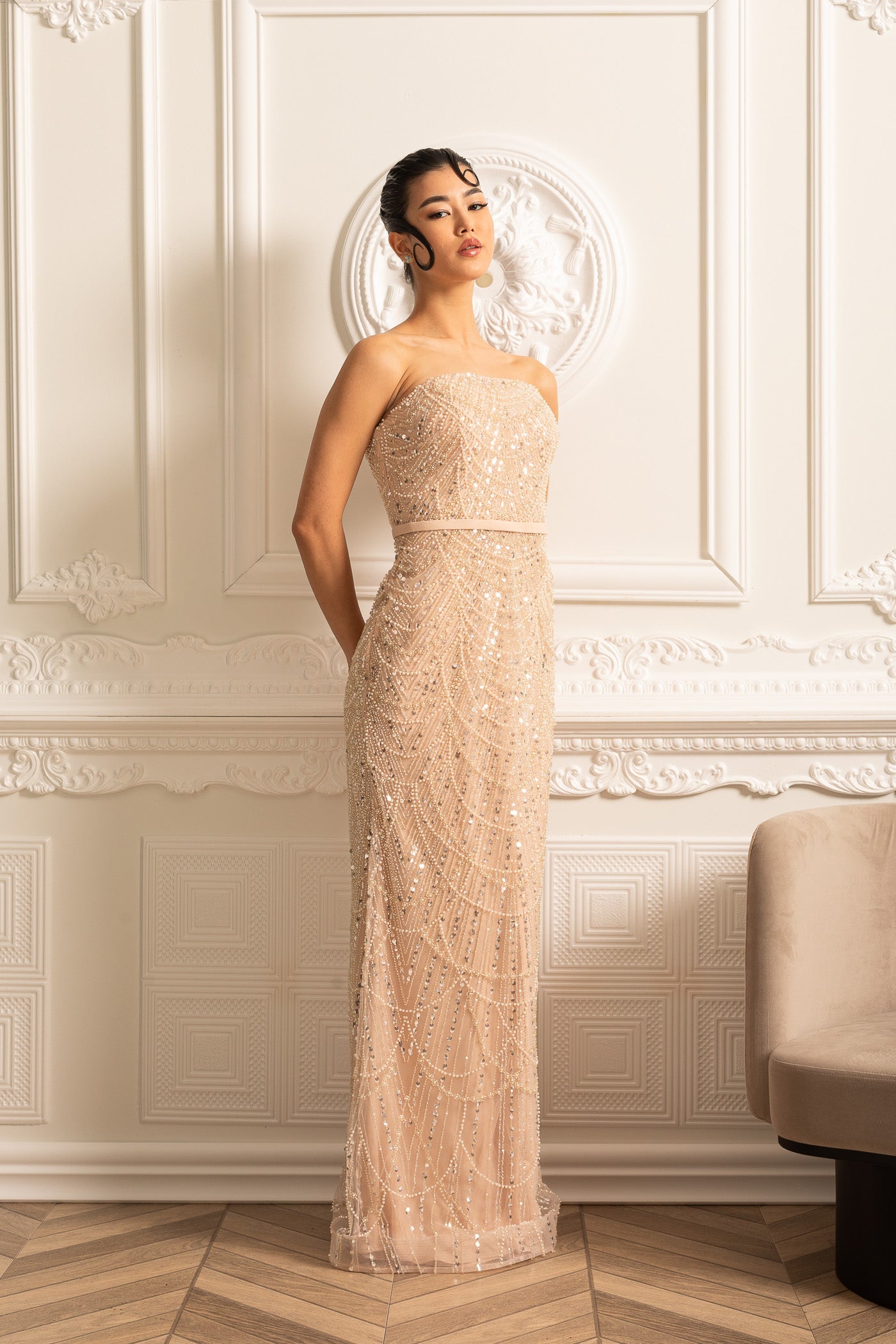 Robe Glamour Ornée de Perles avec Voile Détachable - Beige