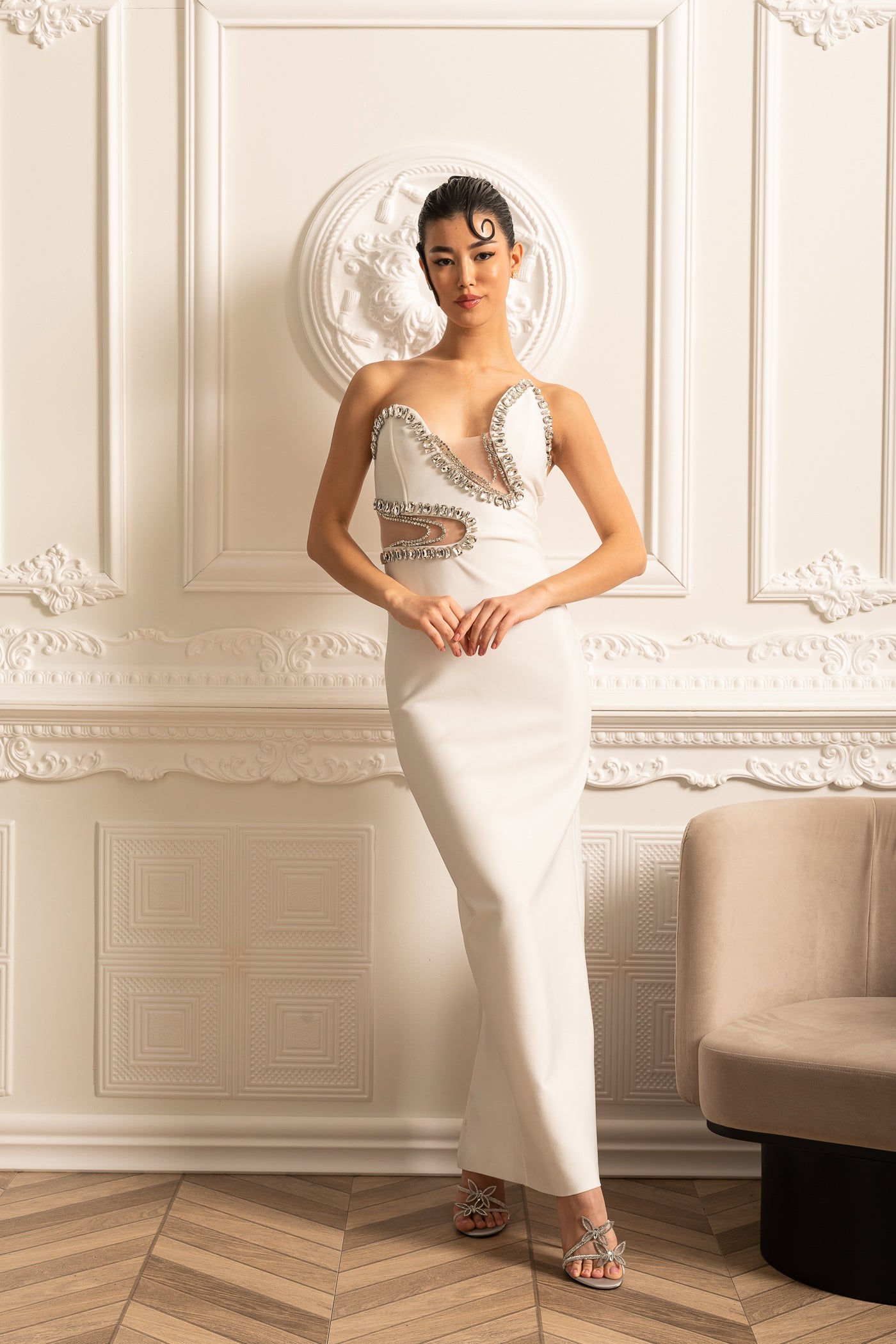 Elegant Fitted Dress With Front Cutouts And Sparkling Embellishments - White