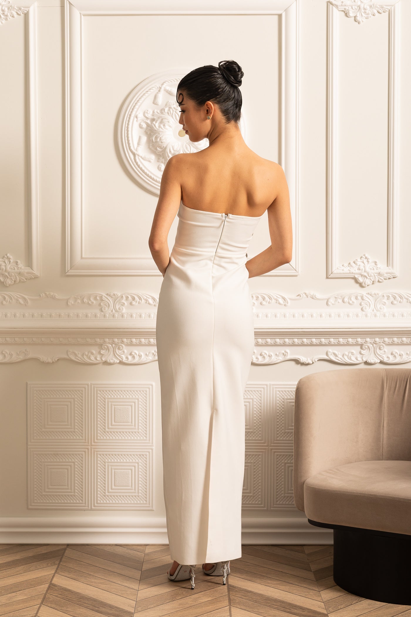 Elegant Fitted Dress With Front Cutouts And Sparkling Embellishments - White
