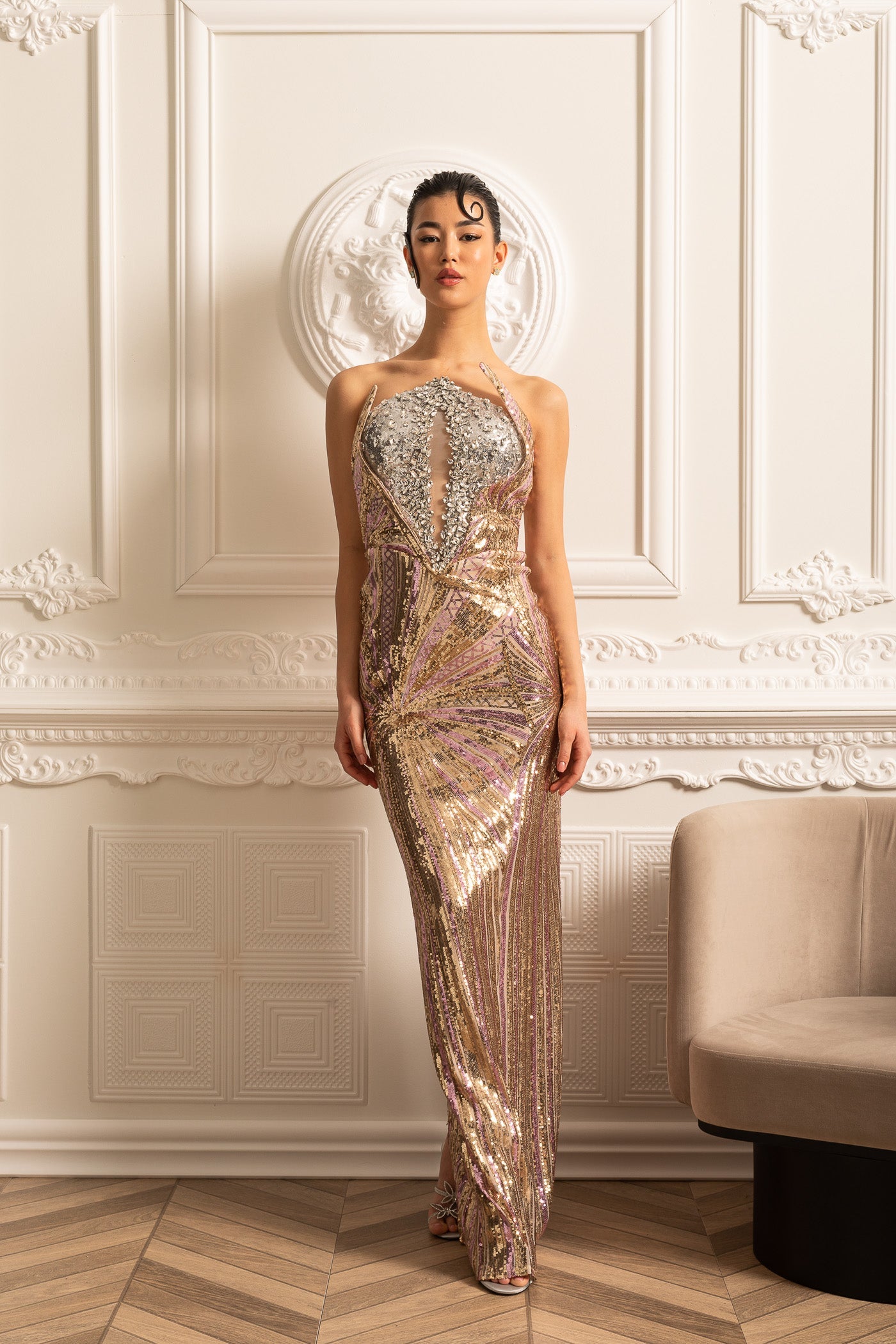 Sequin Embellished Gown With Silver Chest Piece - Gold