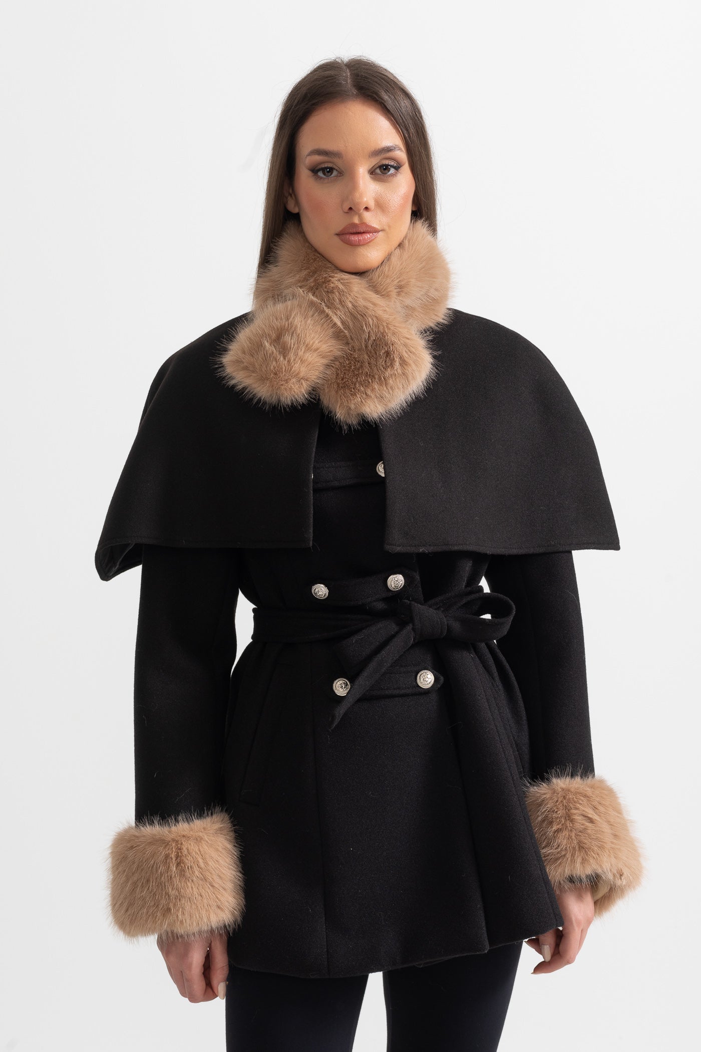 Manteau croisé avec cape amovible - Noir