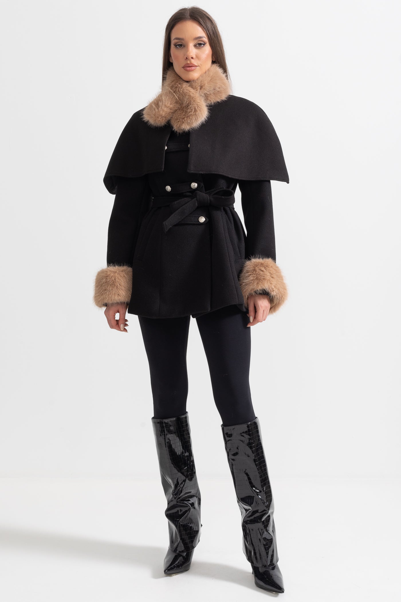 Manteau croisé avec cape amovible - Noir