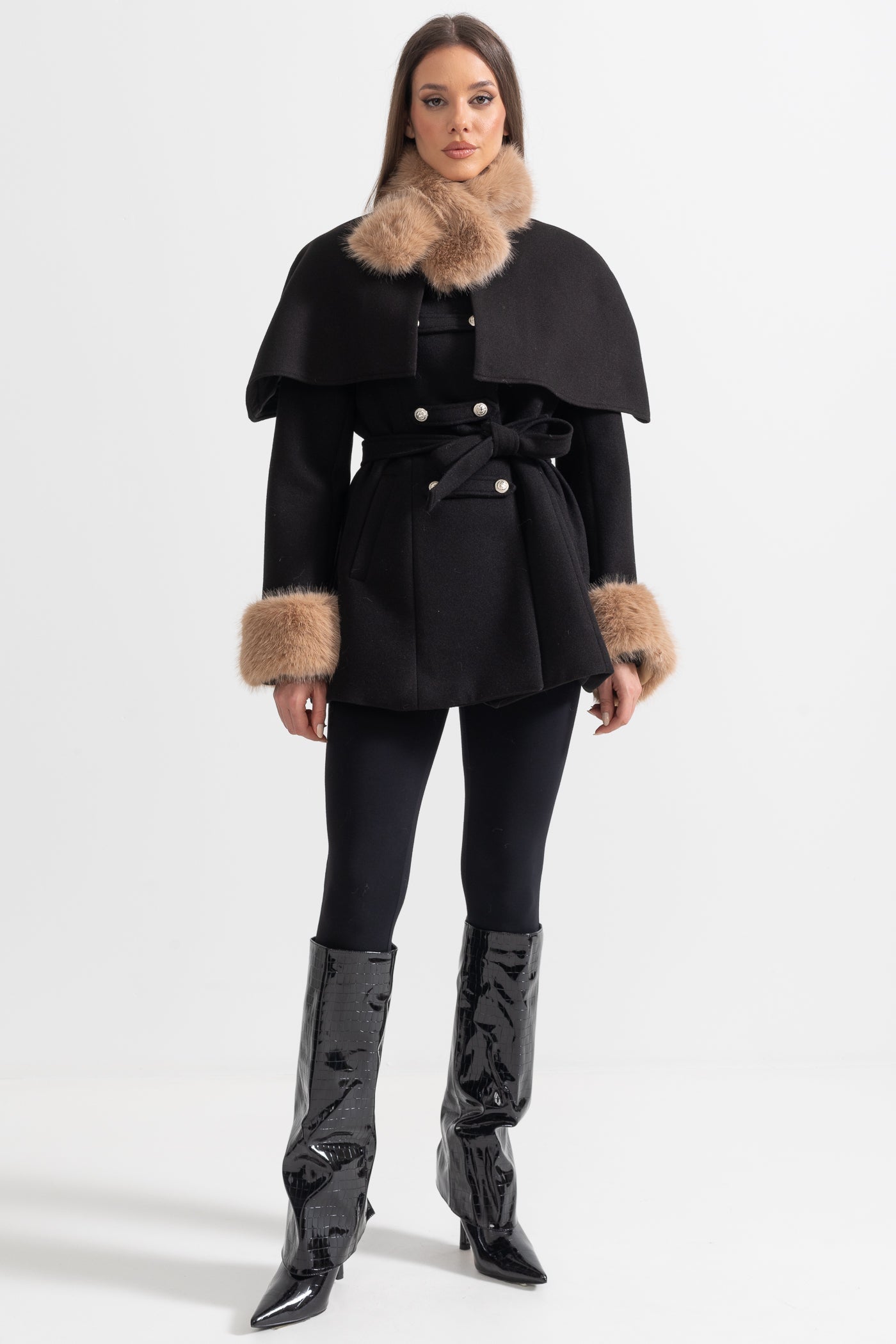 Manteau croisé avec cape amovible - Noir