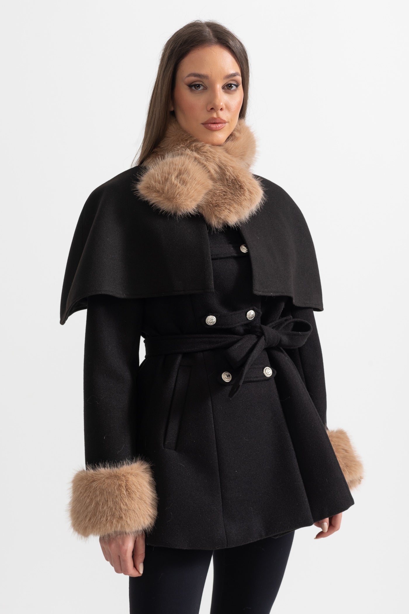 Manteau croisé avec cape amovible - Noir