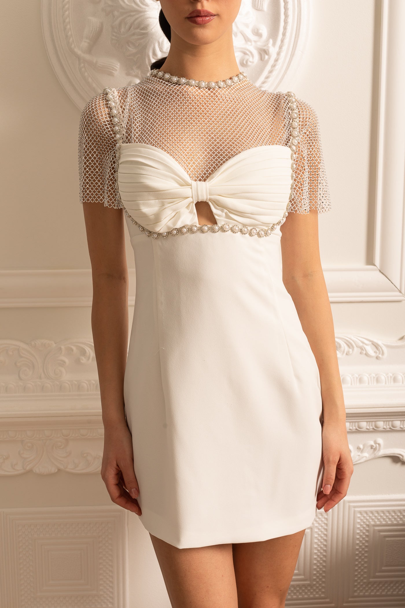 Elegant Mini Dress With Mesh Top And Pearl Embellishments- White