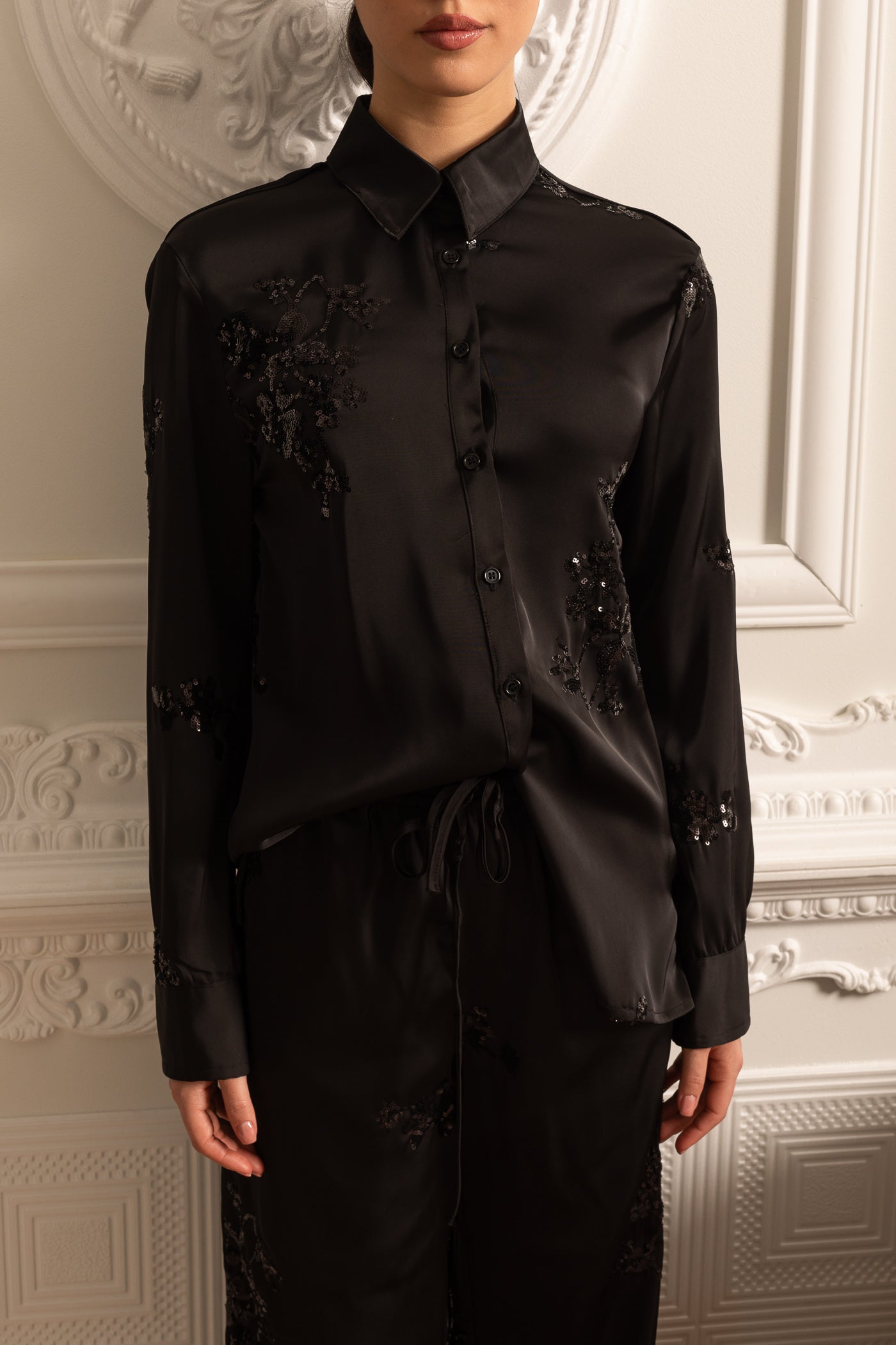 Sequin Embellished Satin Set With Long Sleeved Shirt And Coordinated Pants - Black