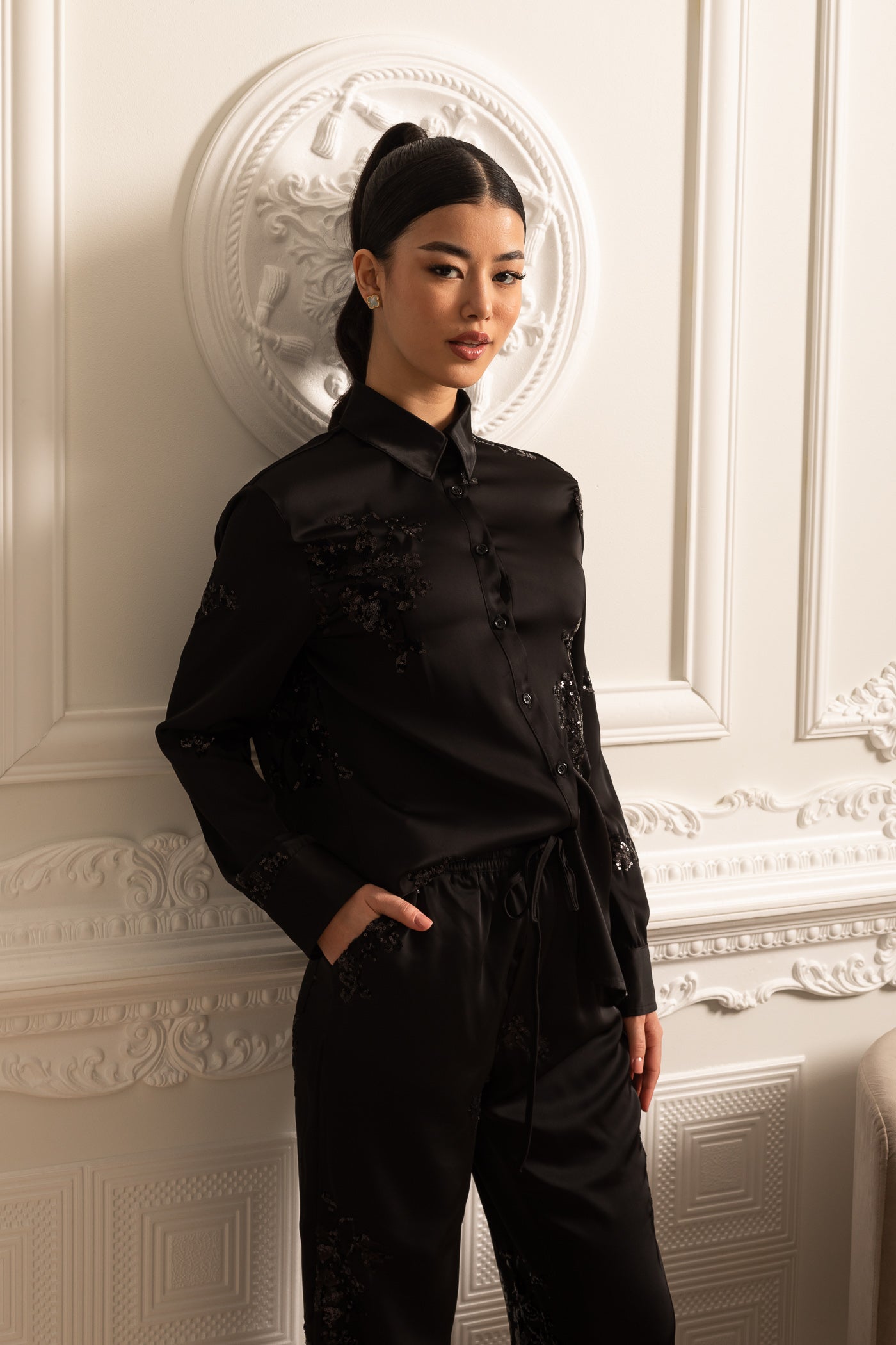 Sequin Embellished Satin Set With Long Sleeved Shirt And Coordinated Pants - Black
