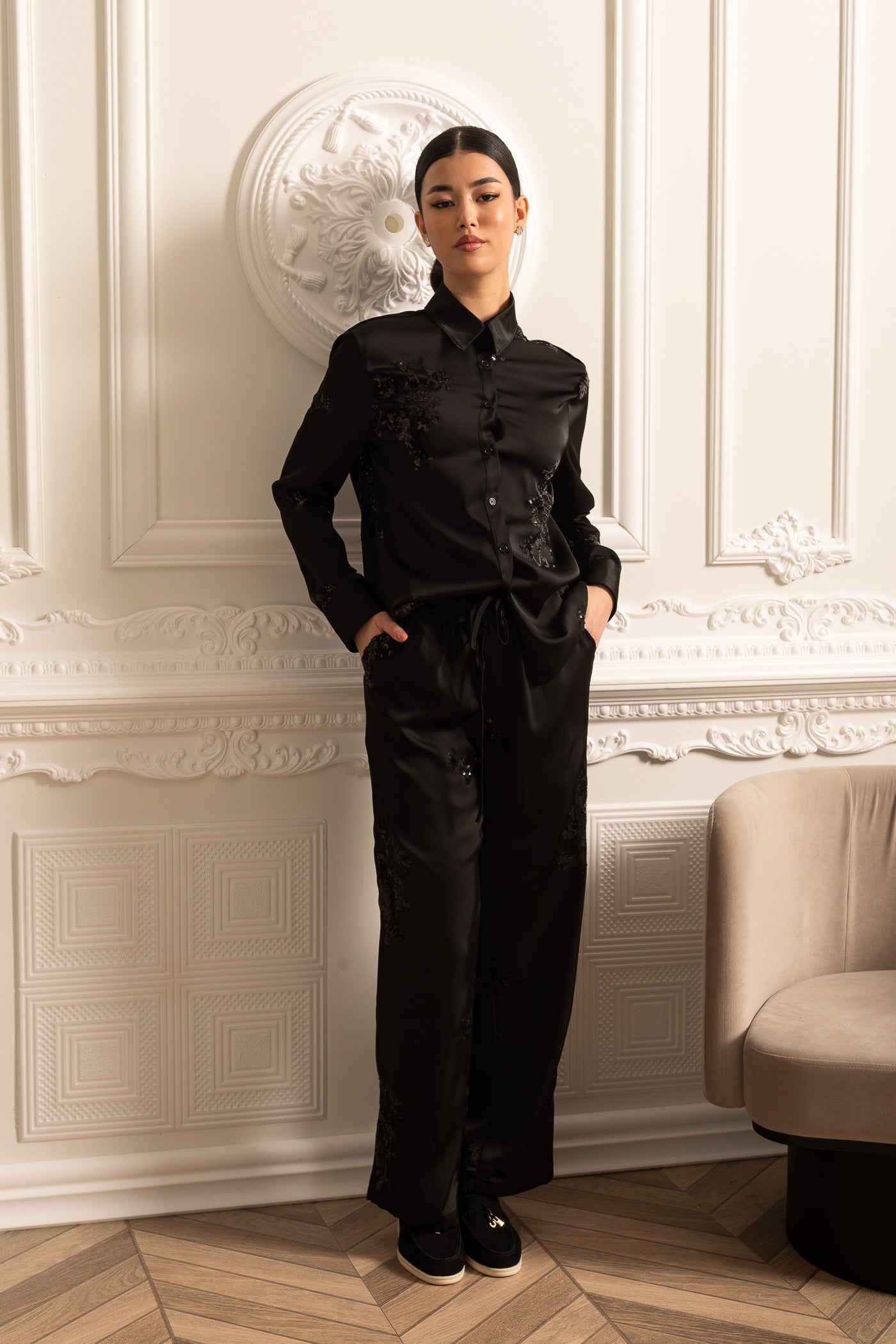 Sequin Embellished Satin Set With Long Sleeved Shirt And Coordinated Pants - Black