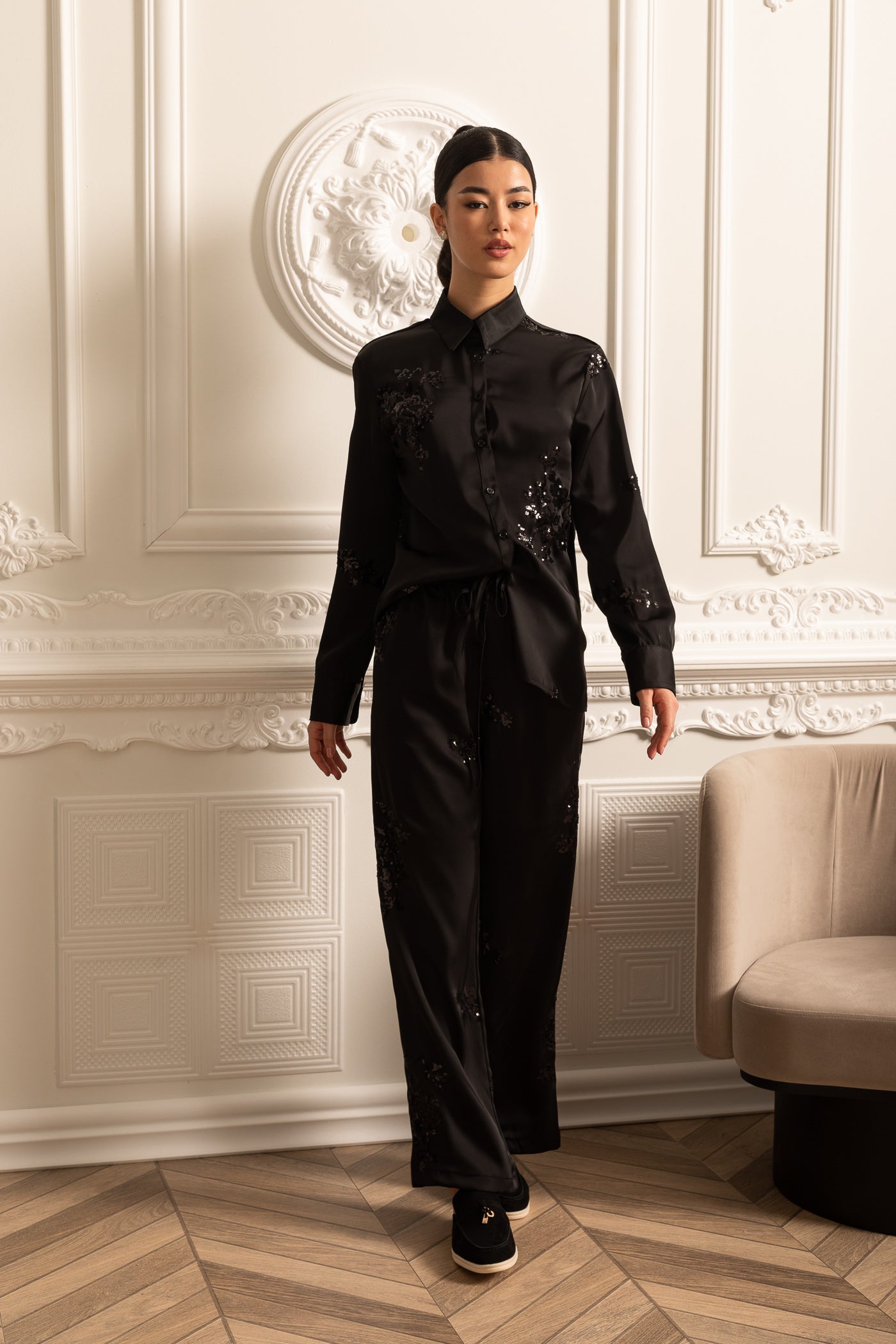Sequin Embellished Satin Set With Long Sleeved Shirt And Coordinated Pants - Black