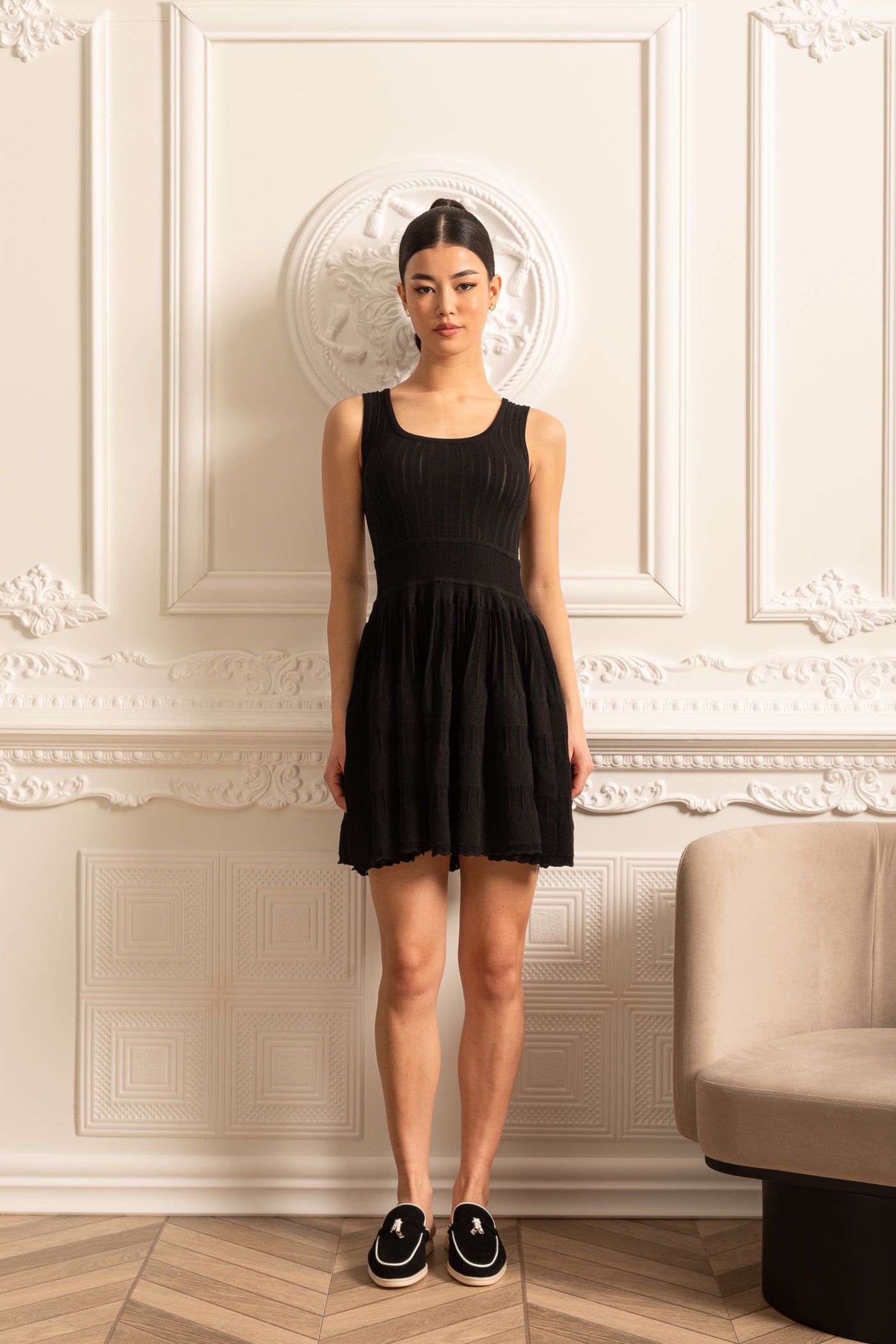 Fitted Mini Dress With Ribbed Texture - Black