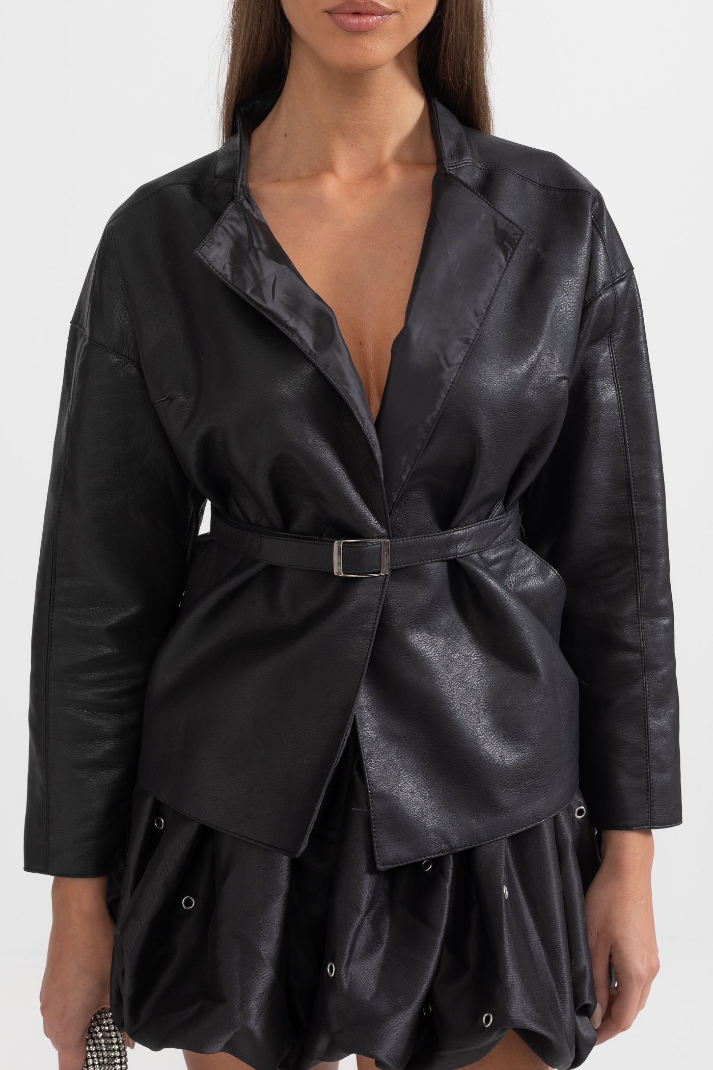 Veste en cuir vegan avec ceinture de taille ajustable - Noir