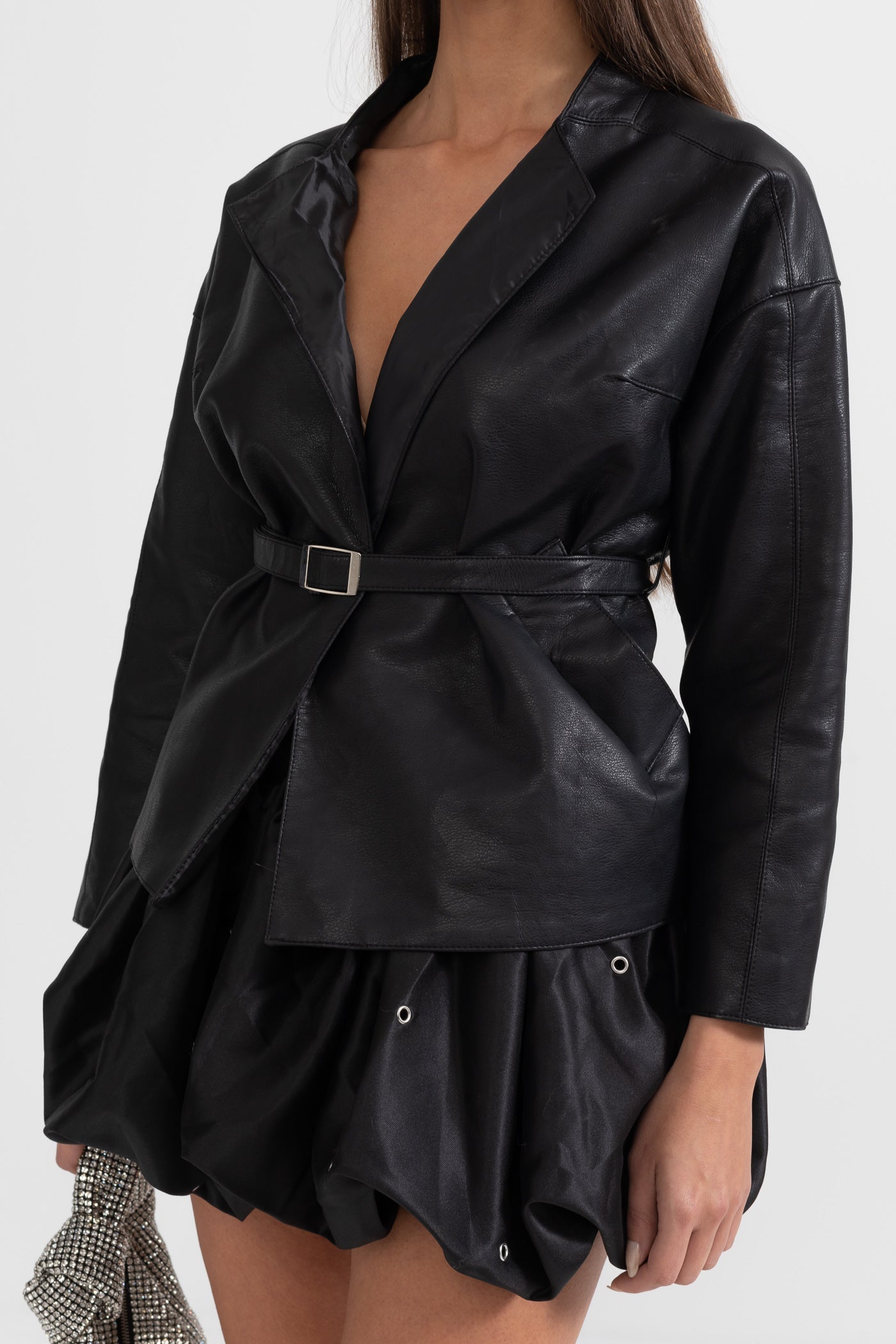 Veste en cuir vegan avec ceinture de taille ajustable - Noir