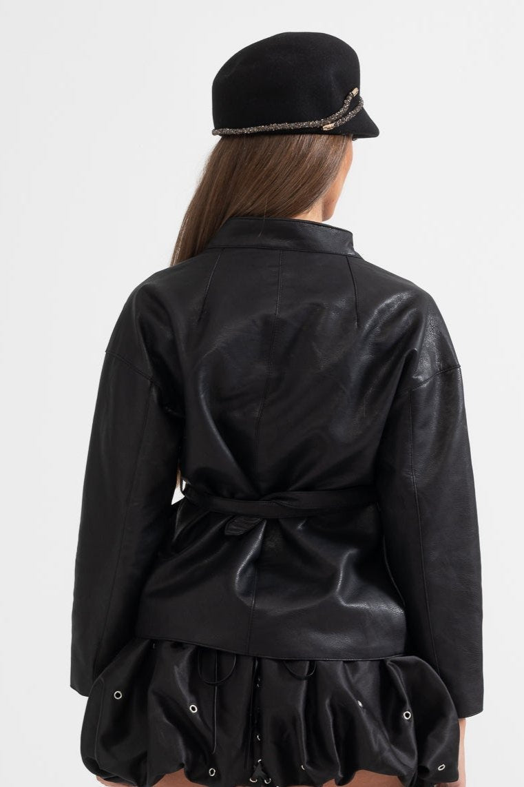 Veste en cuir vegan avec ceinture de taille ajustable - Noir