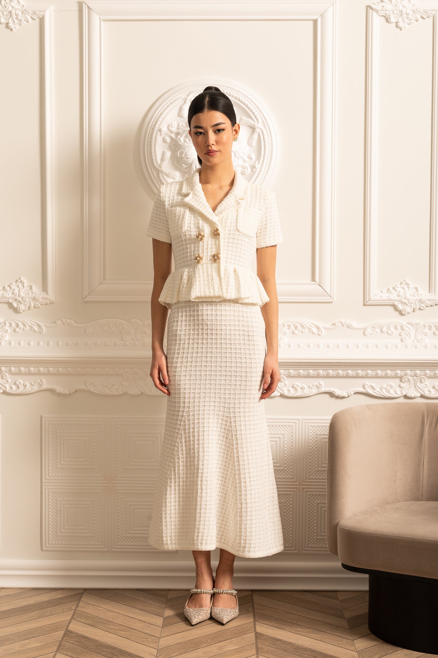 Knitted Midi Dress With Gold Buttons And Peplum Waist - White