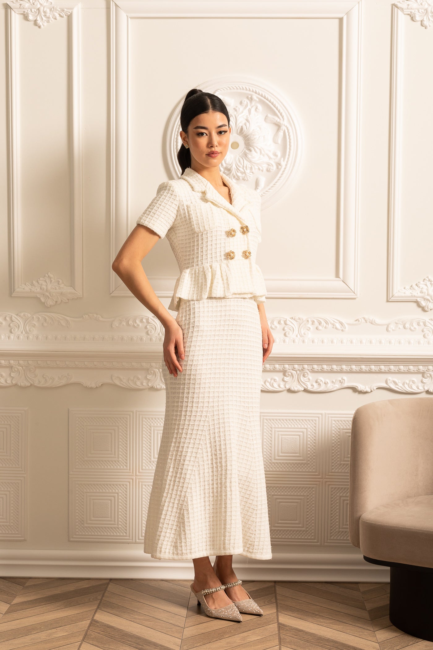 Knitted Midi Dress With Gold Buttons And Peplum Waist - White