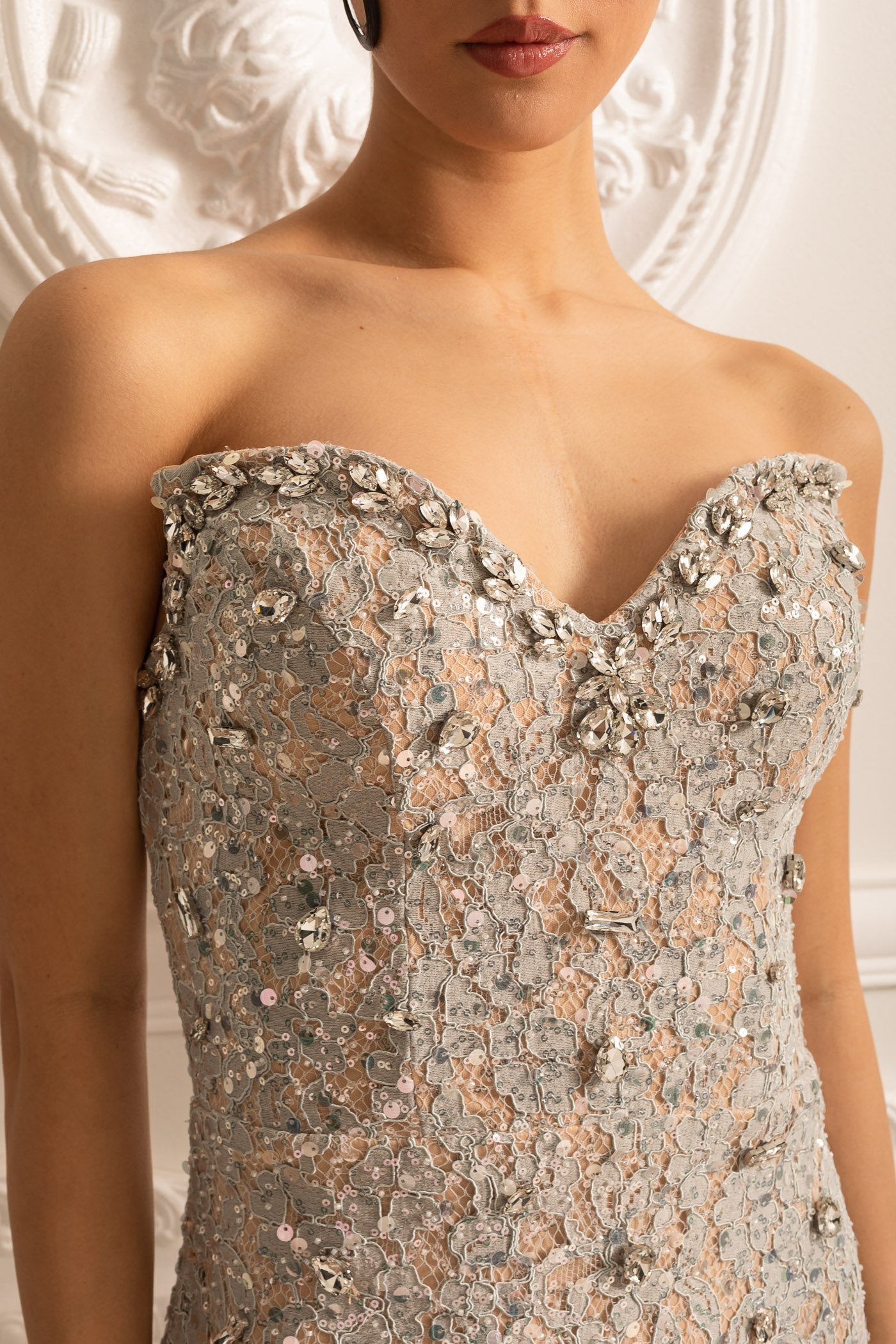 Robe bustier à motifs avec détails en franges à l'ourlet - Argent