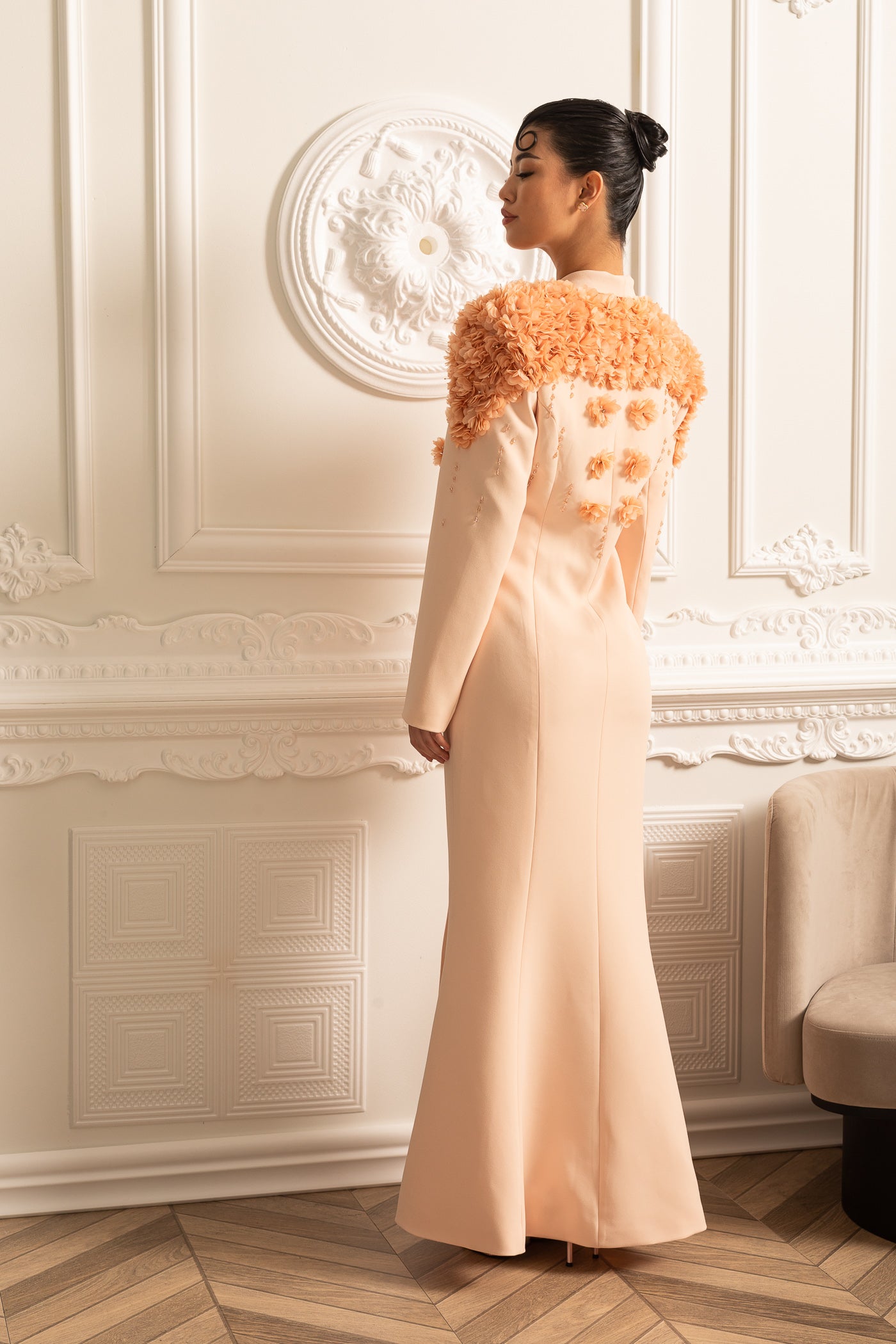Long Blazer With 3D Contrasting Floral Shoulder And Back Accents - Peach