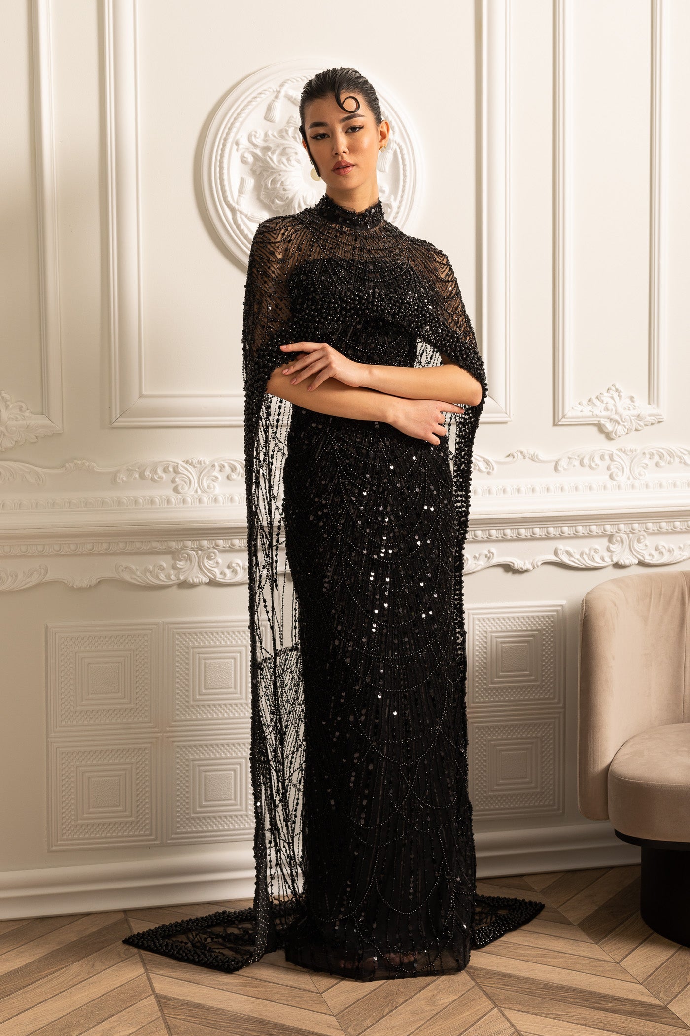 Glamourous Beaded Gown With Detachable Veil - Black