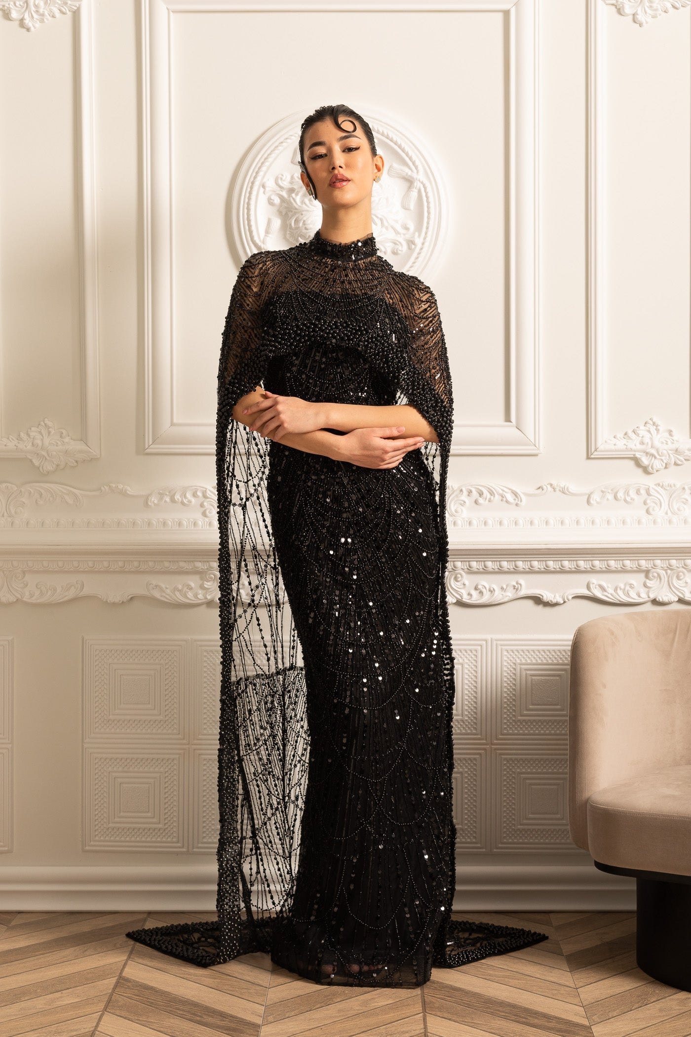 Glamourous Beaded Gown With Detachable Veil - Black