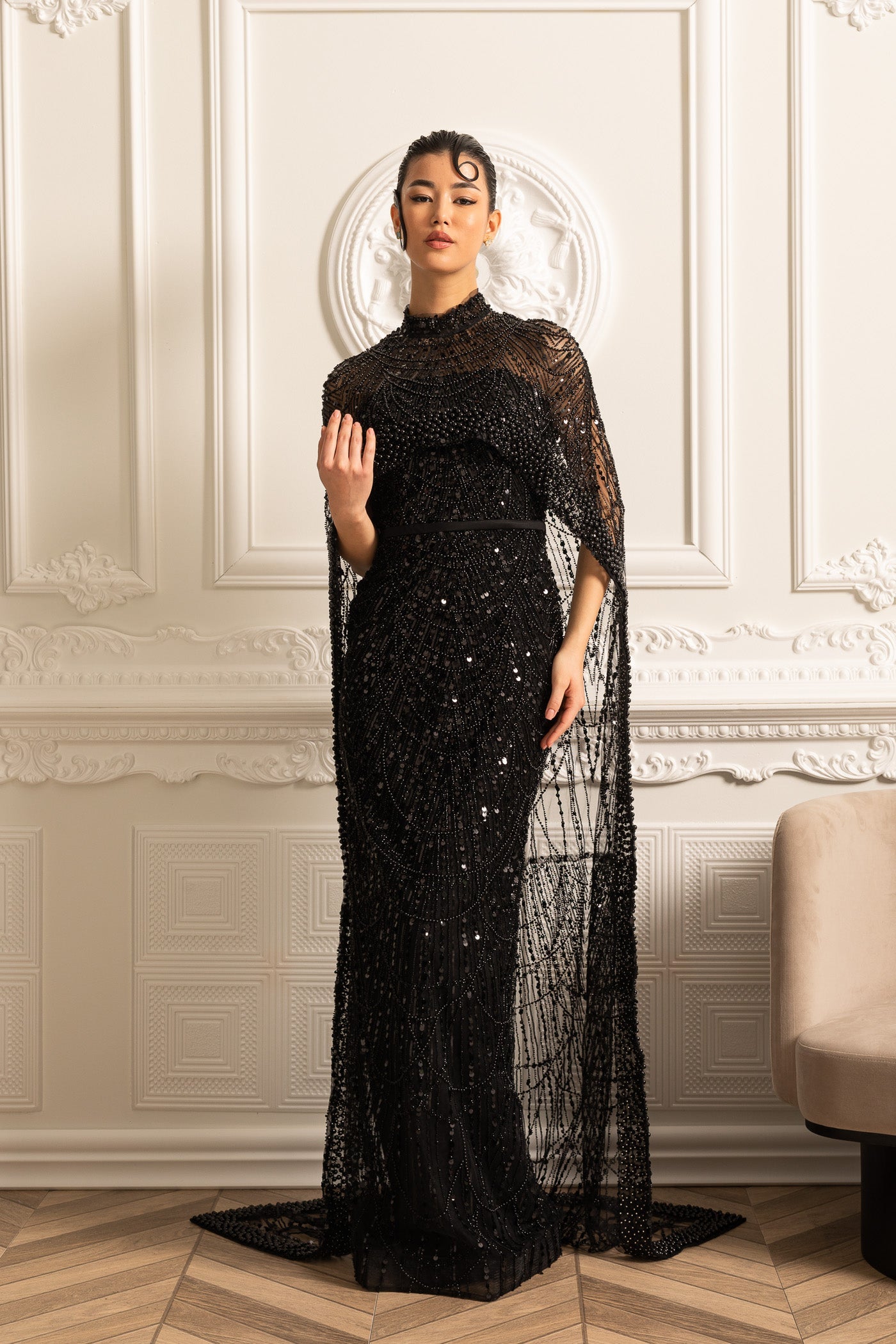 Glamourous Beaded Gown With Detachable Veil - Black