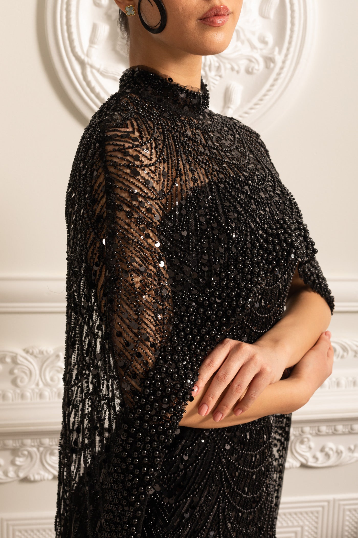 Glamourous Beaded Gown With Detachable Veil - Black