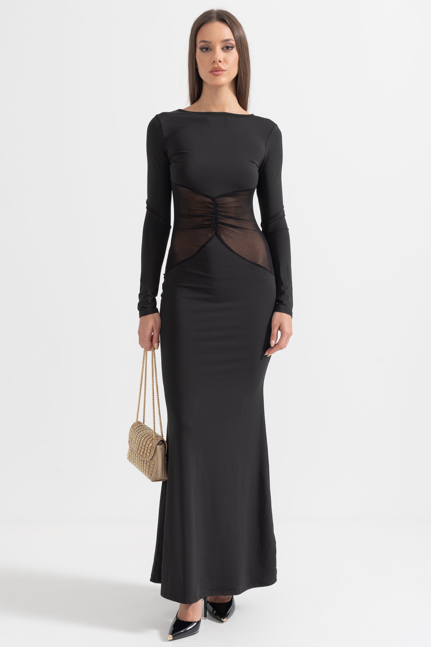 Elegant Long Dress With See-Through Waist - Black