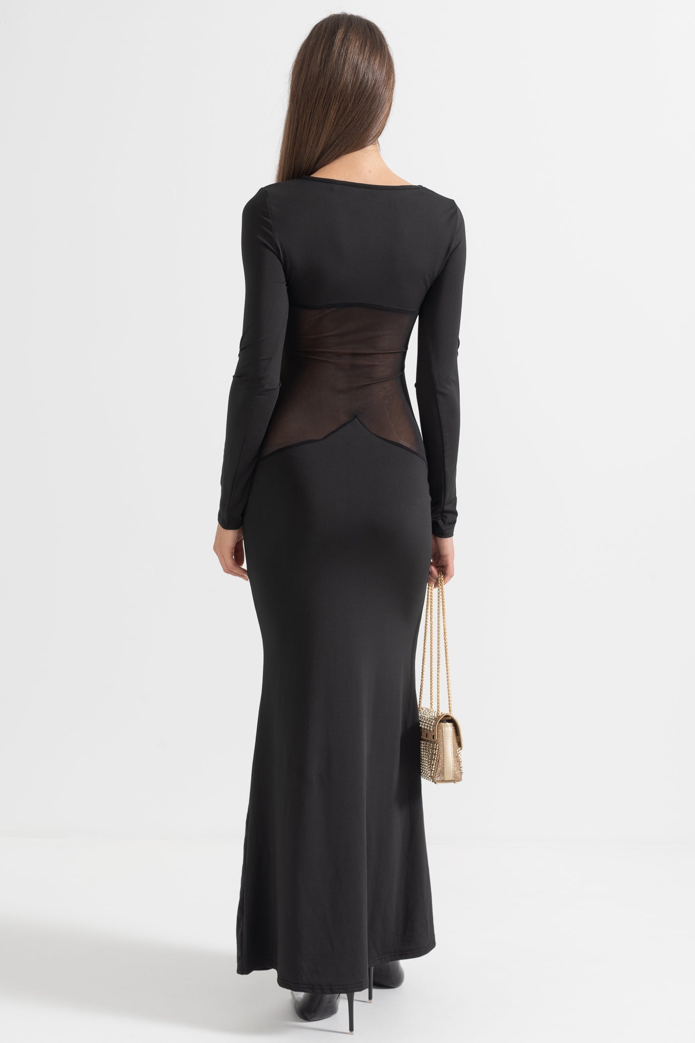 Elegant Long Dress With See-Through Waist - Black