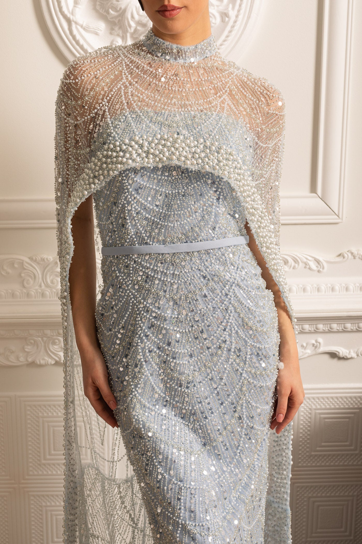 Robe Glamour ornée de Perles avec Voile Détachable - Bleu