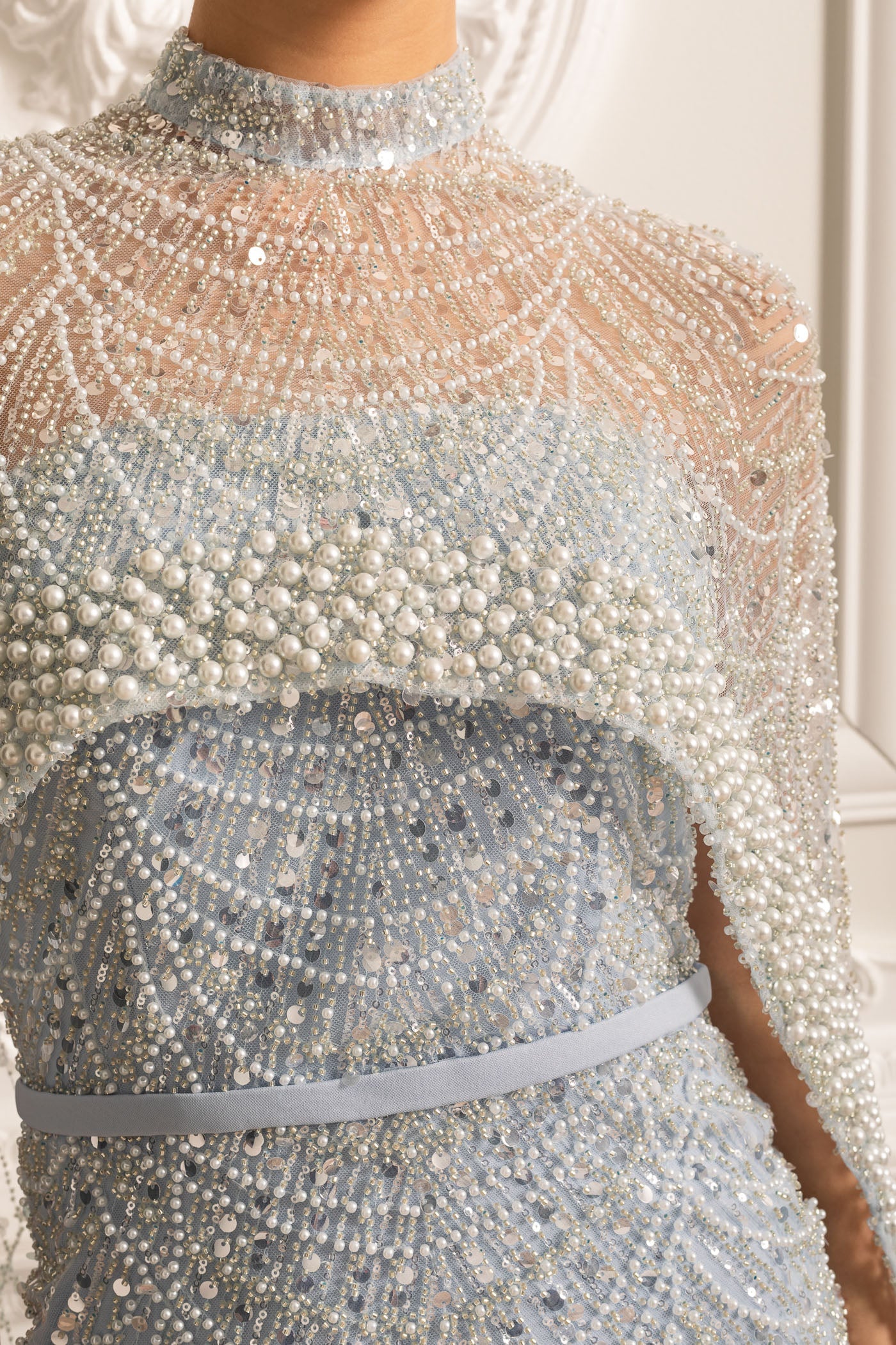 Robe Glamour ornée de Perles avec Voile Détachable - Bleu